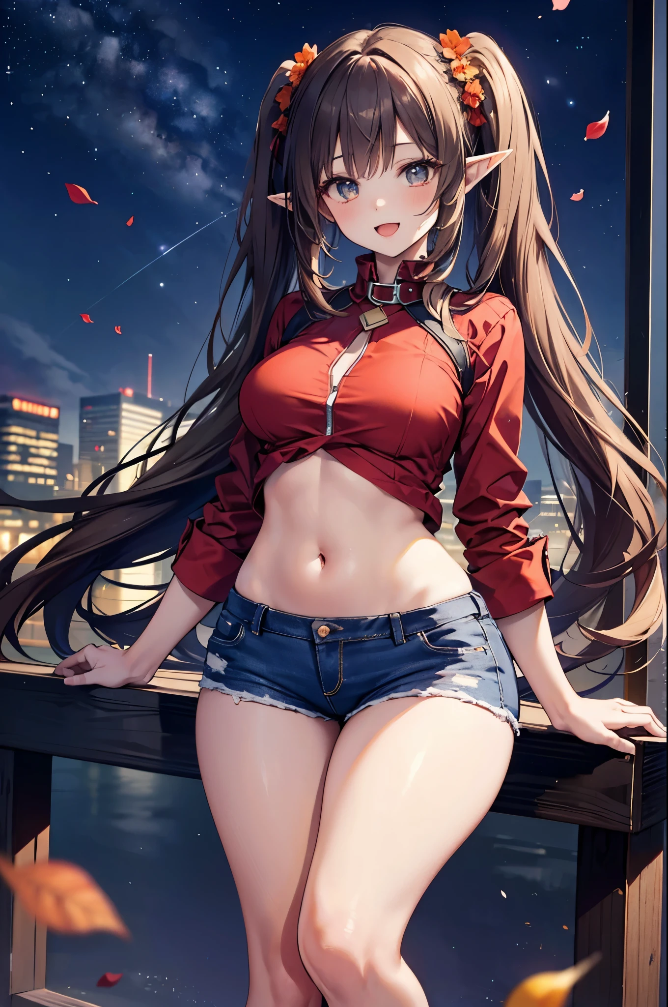 realistic image, coherent image, detailed image, 1 beautiful elf. She has brown hair, long hair with two pigtails. Scarlet eyes, long eyelashes. Her face is oval and delicate. smiling with open mouth. She is wearing a traditional red shirt, with a tangerine collar, showing her navel, jean shorts, sneakers, she has a curvy body, medium breasts and thick thighs. Urban background. starry night, flower petals falling. natural lighting in front, volumetric lighting