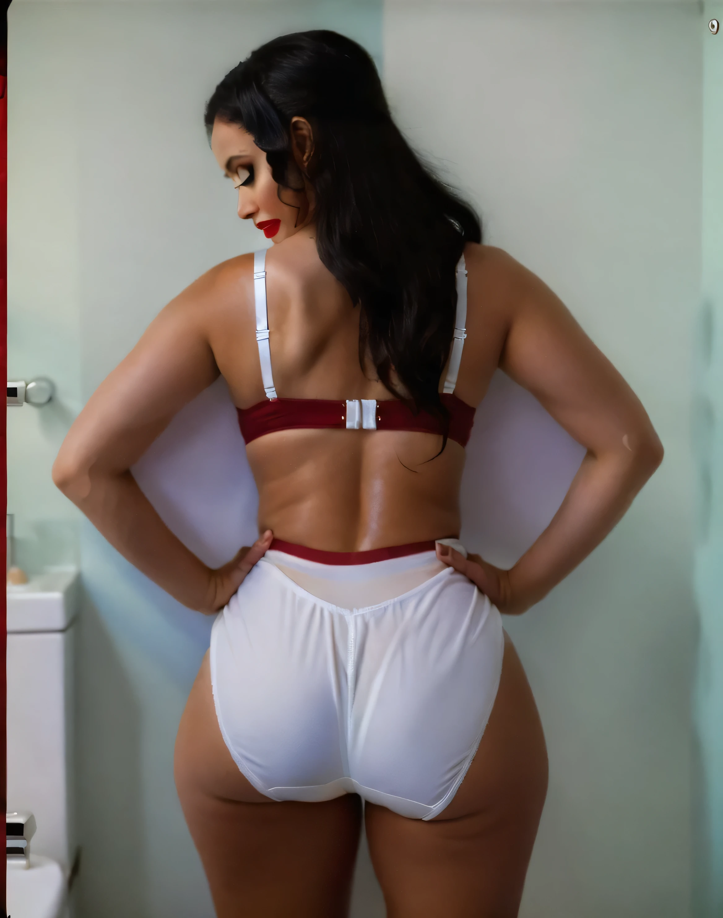 ((((masterpiece, best quality)))), ((33 year old)), (((Curvy))), ((Latina with long black hair)), in ((white bra)), ((white fullback )), ((Red lipstick)), ((Standing in a bathroom)), (back facing the camera), (((photo realistic))), ((90's film, 90's movie scene, 90's TV Style))