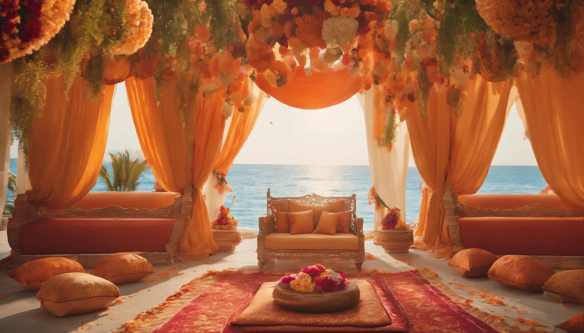 animation of Indian mehndi party, it is daytime, ocean and palm trees in the background, colorful floral decor, several floral garlands hanging, small flower petals spread on the floor. Two ottomans in the background, several large bowls filled with orange powder, Moroccan lanterns on the floor, large bowls filled with flower petals are on the floor.
