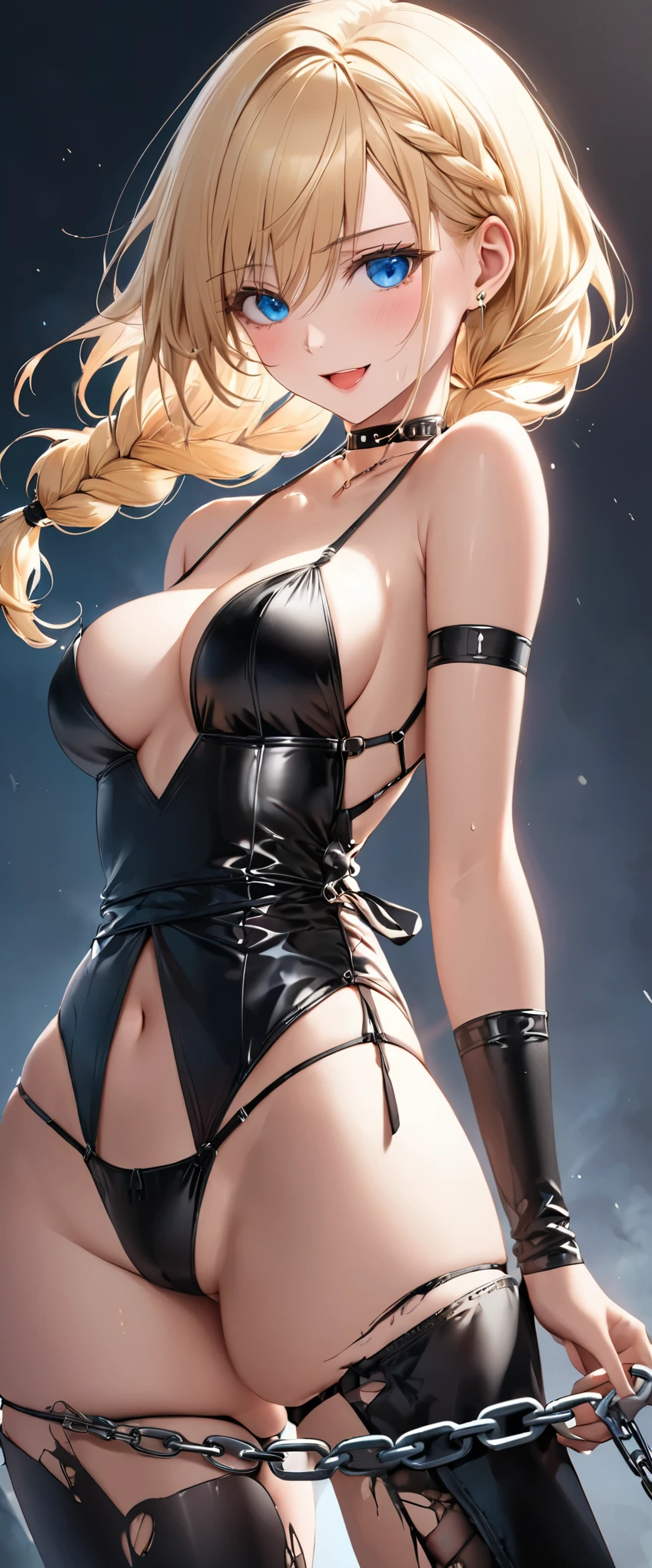NSFW,master piece,highest quality,super detailed,High resolution,octane rendering,Valkyrie,Blonde hair,Radiant hair,(1 girl),beautiful girl,Beautiful adult face,Female genitals are fully visible, ((detailed female genitalia)),Torn white side tie panties,garter belt,bare shoulders,seductive young woman,female focus,beautiful breasts,whole body,(perfect body),(((black latex dress micro skirt))),((Check out the thru-rack choker and midi ring with chain。。,(blonde single braid),big bright blue eyes, Shining eyes beautiful detailed eyes),cute,nice,white skin,faint lips,smile,open your mouth,(hair, realistic:1),stand,holding_arms,silver halberd,spread legs,A girl trembling at sexual climax, juice stains,face turns red,fantasy,Sweat,vapor,(turn around and look back)leather thigh high boots,Man streak,