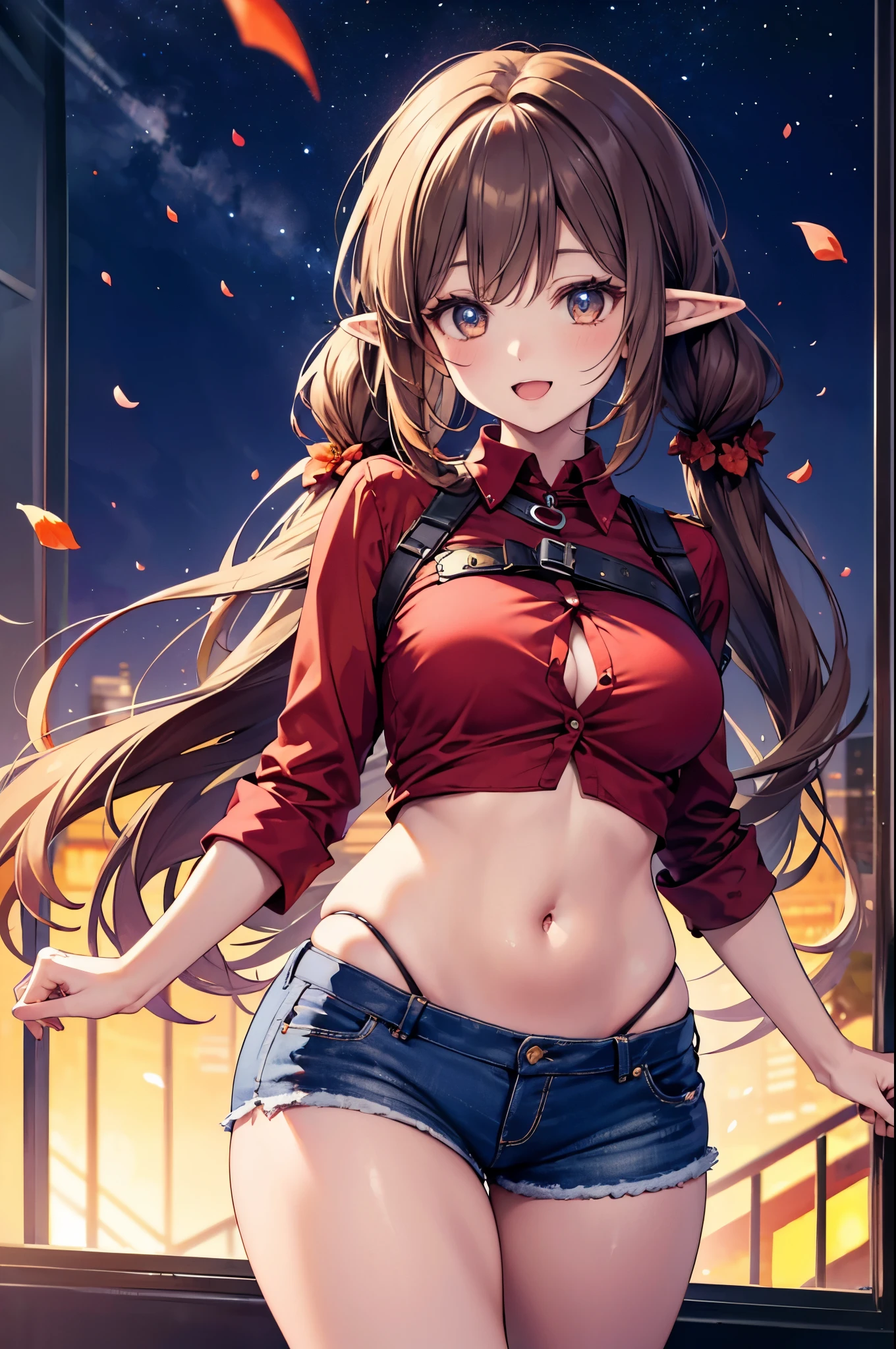 realistic image, coherent image, detailed image, 1 beautiful elf. She has brown hair, long hair with two pigtails. Scarlet eyes, long eyelashes. Her face is oval and delicate. smiling with open mouth. She is wearing a traditional red shirt, with a tangerine collar, showing her navel, plaid pleated mini skirt, sneakers, she has a curvy body, medium breasts and thick thighs. showing her thong. view of the thong, view from behind. Urban background. starry night, flower petals falling. natural lighting in front, volumetric lighting