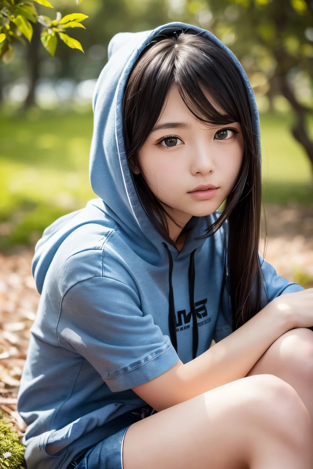 Super realistic, hdr, 4k, detailed, Japanese girl, glow skin, sad face, Mole in Cheek, mole in Chin, forest, black Hoodie, detailed face, Eyes to the camera 