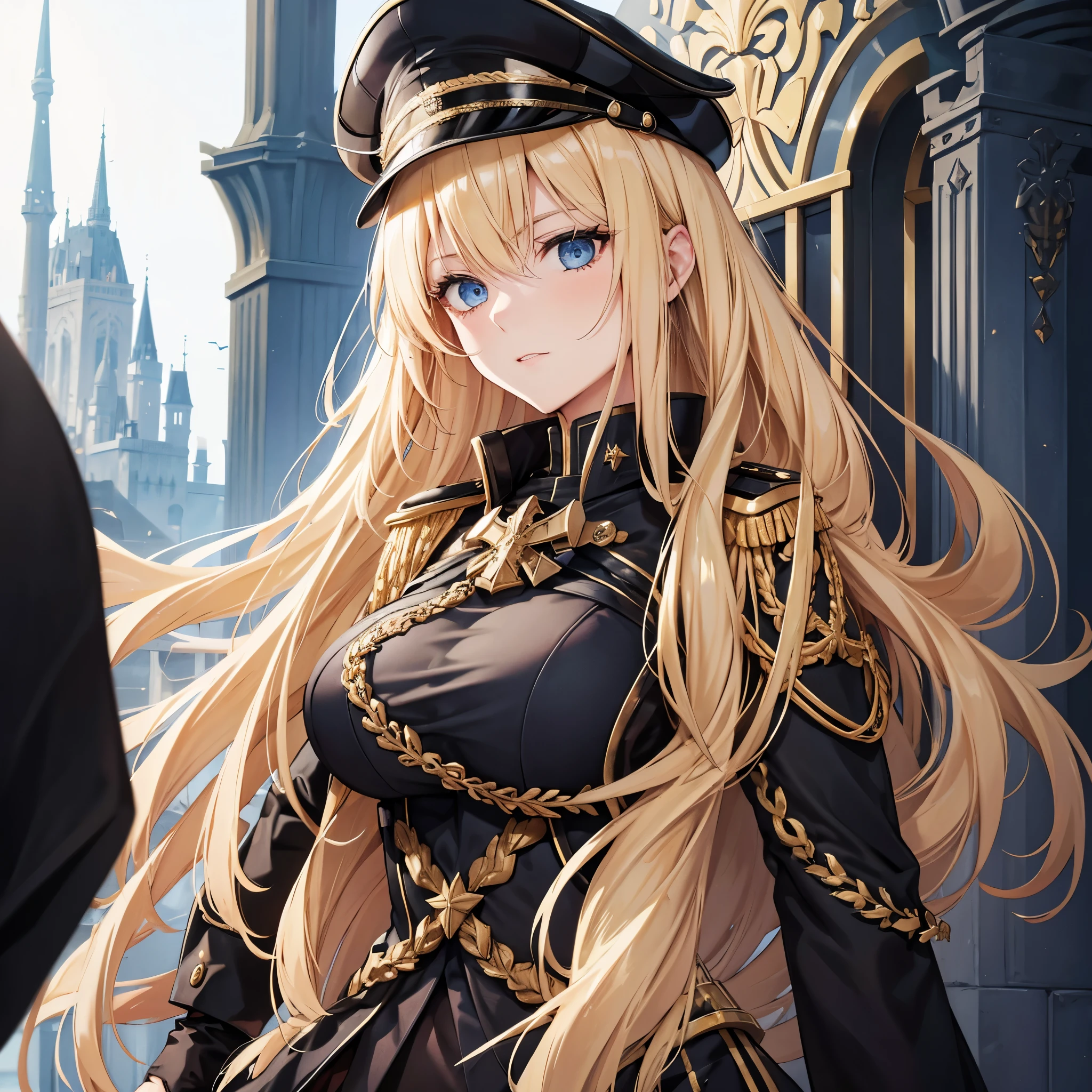 A woman with long blonde hair, blue eyes, wearing a black Prussian uniform with gold details, wearing a black military hat with gold details, a black cape, big breast, outside a large castle.
