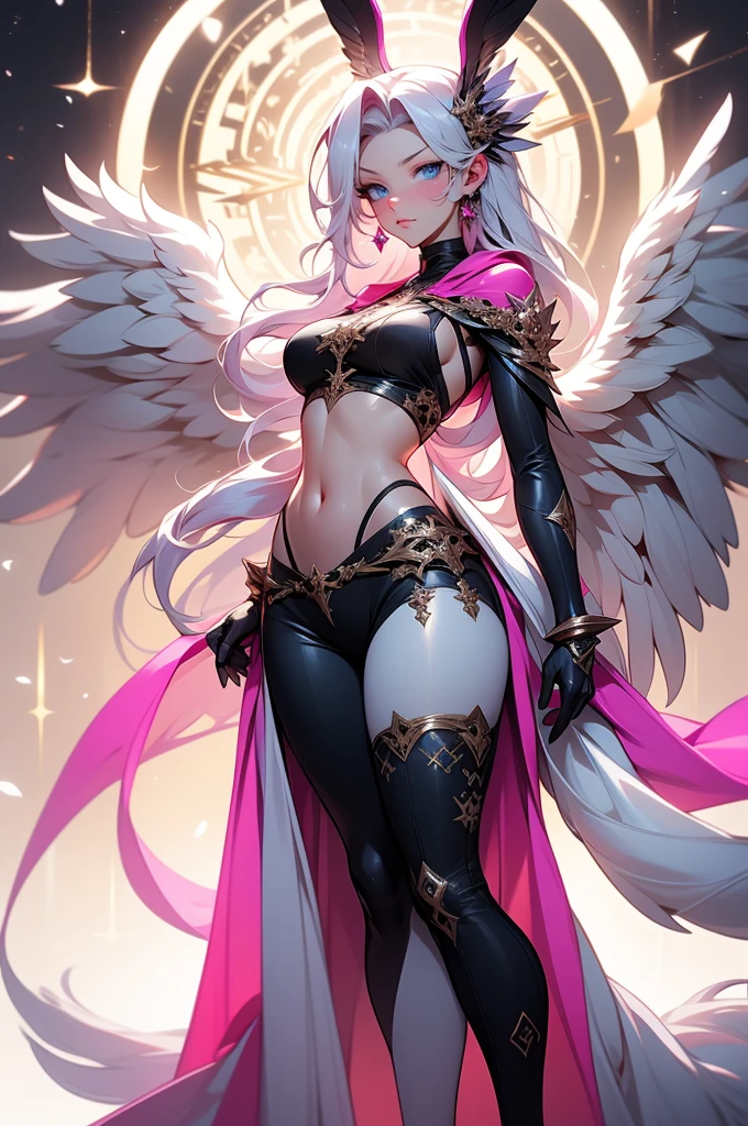 {-erro_de_anatomia:1.0} woman, solo, long hair, breasts, sideboob, areola, long white hair, white stockings, pink heart-shaped wings, compass rose halo, wings, navel, gloves, bunny ears, diaphragm, magic circle, asymmetrical legwear, angel, angel wings, small pink wing, animal ears, very long hair, blue eyes, pink wings, big breasts, mismatched pants, single shoe, feathered wings, blue eyes, shoes, high socks, crop top pink, cross, white hair, looking at the viewer