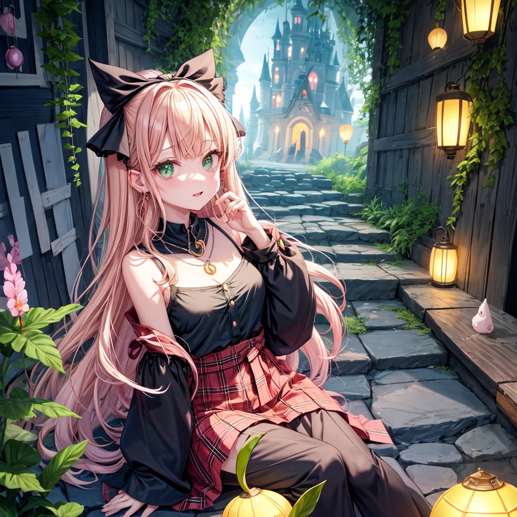 pink blonde、green eyes、one good looking girl、solo、anime、plaid mini skirt、the skirt has buttons、black camisole、black t-shirt、dress、wearing a ribbon、ribbon at waist、cloak、hood、stone slabs are piled up、raising one hand、crystal earrings、monster castle、jewelry necklace、Light and shadow、Hundreds of Ghosts at Night、lantern、sitting、legs crossed、mirror、tunnel、clock、Stuck in the wall、universe、skeletal specimen、fern plants、petal、tilting one&#39;s face、teeth are visible、red carpet