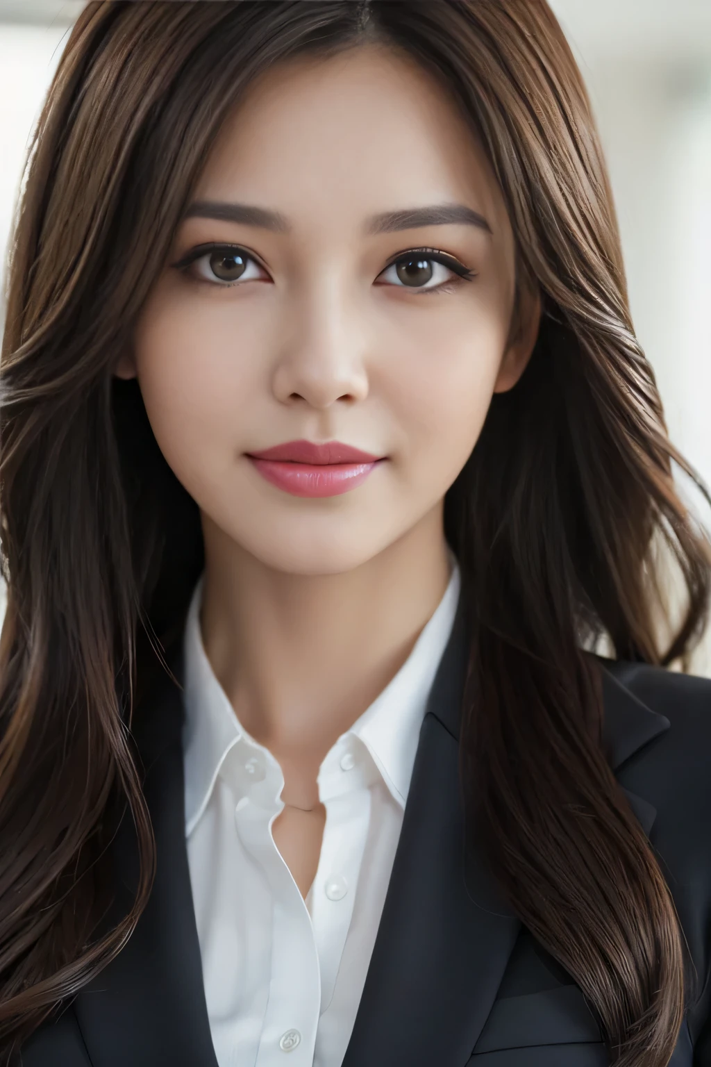 table top, highest quality, realistic, Super detailed, finely, High resolution, 8k wallpaper, 1 beautiful woman,, light brown messy hair, wearing a business suit, sharp focus, perfect dynamic composition, beautiful and detailed eyes, thin hair, Detailed realistic skin texture, smile, close-up portrait, model body shape
