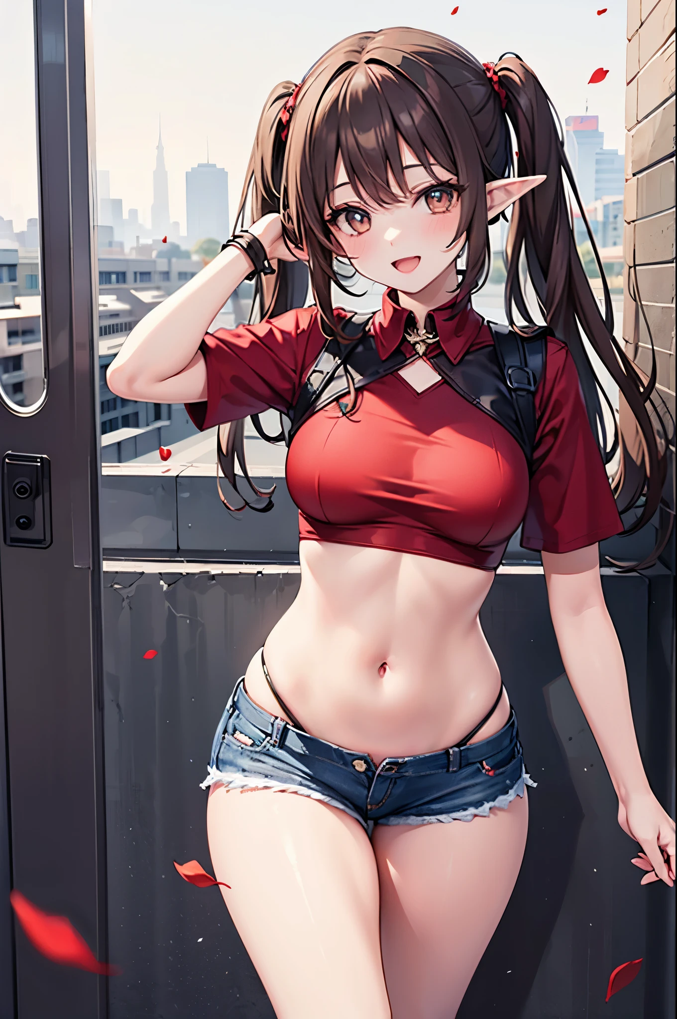 realistic image, coherent image, detailed image, 1 beautiful elf. She has brown hair, long hair with two pigtails. Scarlet eyes, long eyelashes. Her face is oval and delicate. smiling with open mouth. She is wearing a traditional red shirt, with a tangerine collar, showing her navel, jean shorts, sneakers, she has a curvy body, medium breasts and thick thighs. Urban background. starry night, flower petals falling. natural lighting in front, volumetric lighting