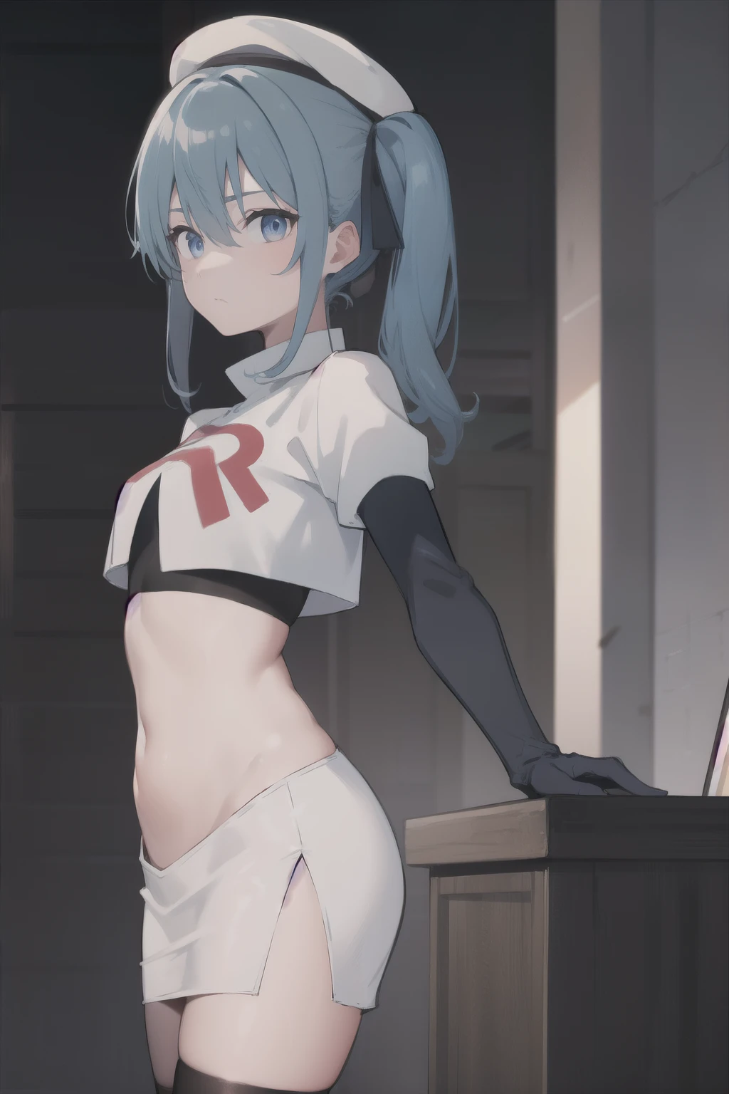 hoshimachisuisei, suisei hoshimachi, blue eyes, blue hair, hair between eyes, medium hair, side ponytail,
BREAK  beret, crown, gloves, grey headwear, hat, jacket, jewelry, team rocket,team rocket uniform, red letter R, white skirt,white crop top,black thigh-highs ,black elbow gloves
BREAK looking at viewer,
BREAK (masterpiece:1.2), best quality, high resolution, unity 8k wallpaper, (illustration:0.8), (beautiful detailed eyes:1.6), extremely detailed face, perfect lighting, extremely detailed CG, (perfect hands, perfect ???????),