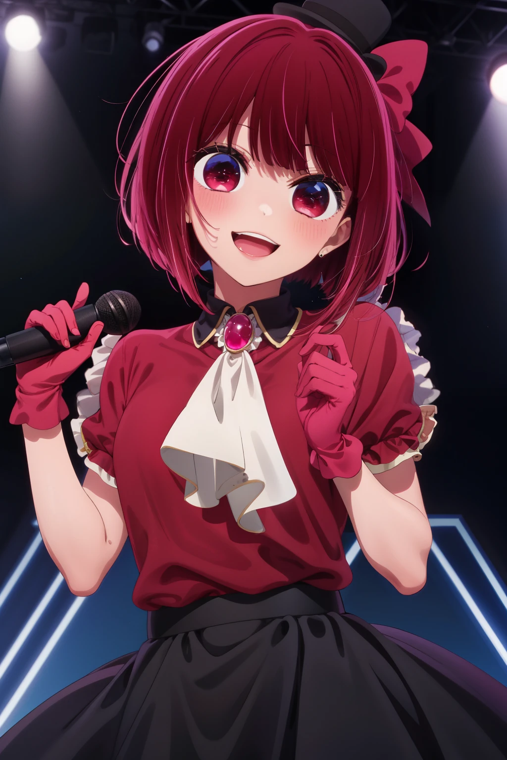 master piece, best quality, 8k, ultra high resolution, highest quality, anime style, best writing, beautiful face, masterpiece, high resolution, aakana, short hair, mini top hat, tilt your head, red eyes, jewelry, brooch, white ascot, frills, red shirt, 肩にfrills, short sleeve, pink gloves, black skirt, Are standing, take the mic, live stage, best writing, smile, open your mouth, cowboy shot