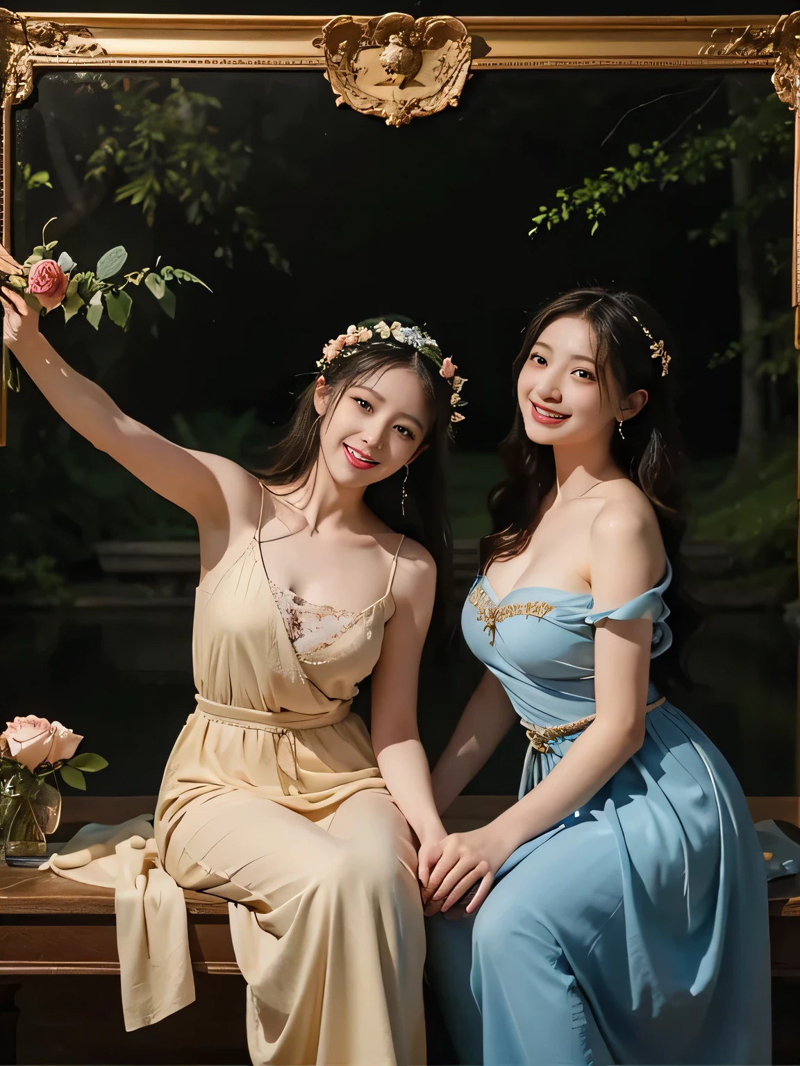 Giorgione painting style,Arguments of two female P、roses in vase、fruits、Cute trinkets、smile、ancient greek costume、Background is a forest lake at night ,A big smile、beautiful bare skin,Woman singing with sheet music