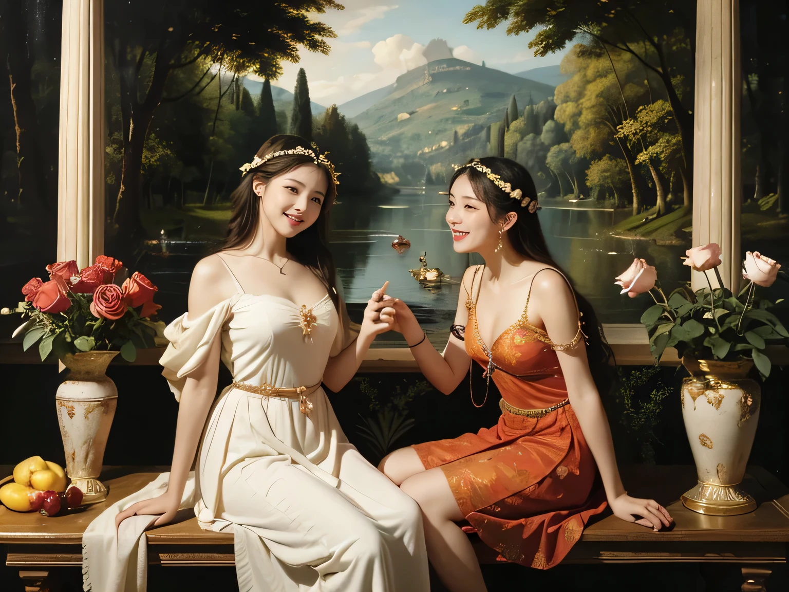 Giorgione painting style,Arguments of two female P、roses in vase、fruits、Cute trinkets、smile、ancient greek costume、Background is a forest lake at night ,A big smile、beautiful bare skin,Woman singing with sheet music