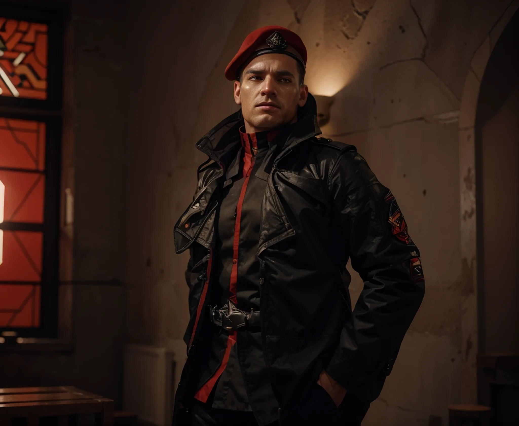 male soldier, very masculine Romanian face, rude expression, has a scar on his face, black military uniform with red details, black beret with red details, he is in a dark temple with, red chlorine stained glass, computer screens, tubes and cables, image in dark colors and red tones, 4k, ultra detailed image, realistic, very detailed, perfect composition, splendid, intricately detailed, incredibly detailed, art photography 8k, hyper detailed, Masterpiece, ultra detailed, hyper realistic, 4k, ultra detailed image, realistic, highly detailed, perfect composition, splendid, intricately detailed, incredibly detailed, Artistic photography in 8k, hyper detailed