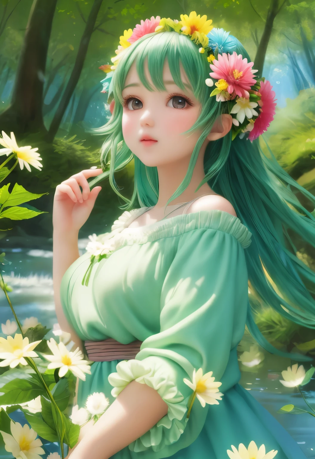 girl in a forest with floating flowers, river, puffy, puffy cheeks, cute,
vibrant colors, colorful art style,
soft lighting, soft shadows, detailed textures, dynamic lighting,
nice hands, perfect hands,