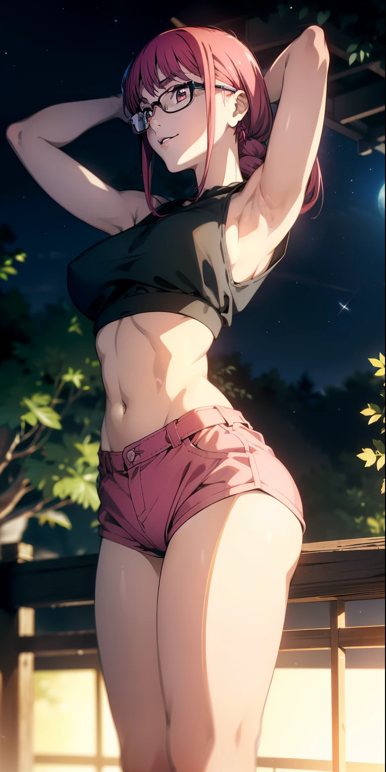 , (masterpiece), (best quality), (ultra-detailed), (extremely detailed cg), (a extremely delicate), (perfect lighting), (8k), (dynamic angle), (sharp image), vibrant colors, female, masterpiece, best quality, depth of field, cinematic lighting, masterpiece, best quality, ultra-detailed, colorful, vibrant, large breasts, thighs, mature female, solo, (masterpiece, best quality, high resolution, animescreencap, anime colored,), (perfect anatomy, beautiful detailed eyes, beautiful detailed body, beautiful breast, shiny skin), a sexy mature anime lady standing outside wearing pink croptop, ((pink croptop)) ,bare shoulder,short shorts, shiny legs, navel, smiling, japanese festival, night, moon, stars, looking at viewer, side bangs, red hair, ringed eyes, braided ponytail, side bangs, medium breasts, medium chest, outdoors ,arms above head, red lipstick, looking from down below, round eyeglasses(black lens), earrings
