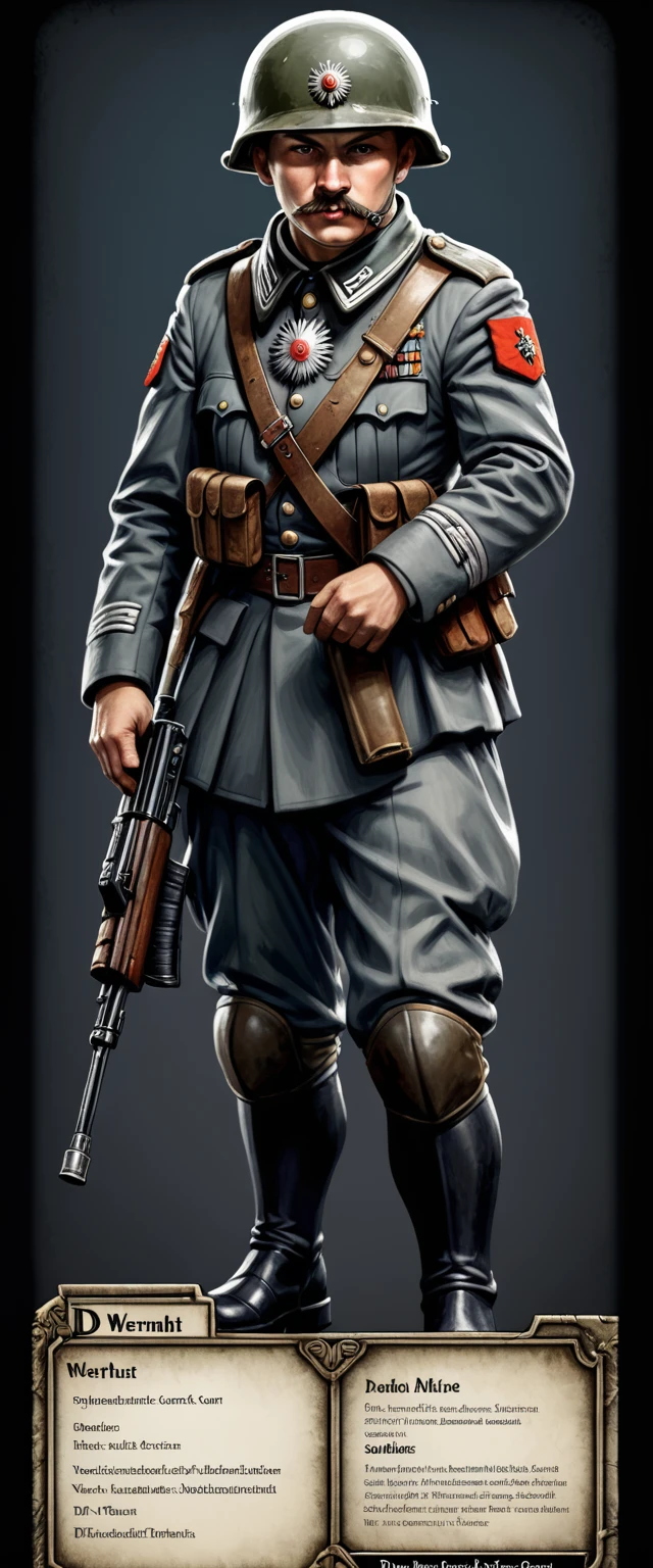 A trading card mock-up, D&D style, very detailed, many stats are on it. One German Wehrmacht soldier with an assault rifle and very detailed, elaborate uniform. Dark background.