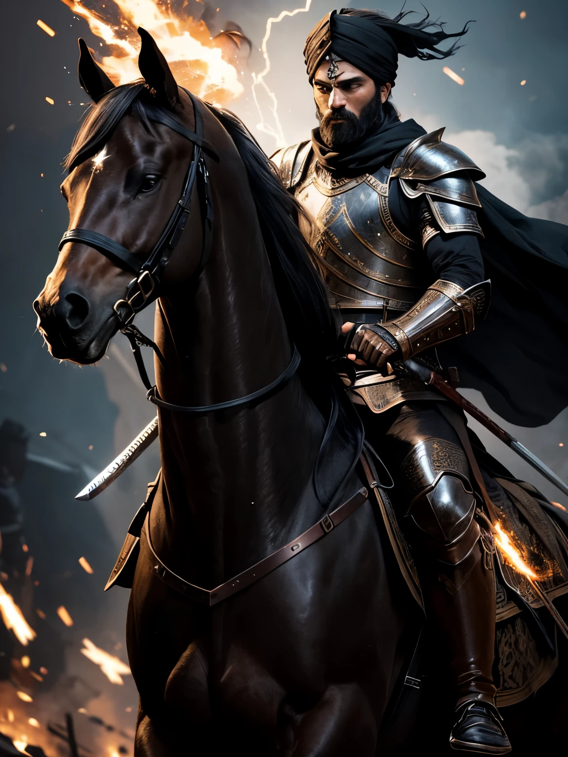 A man riding a horse, frontal view from low angle. He wears intricate black armor made of leather with copper elements, and black turban. Charging with a sword, his expression is focused, full of spirit. Dark battleground background in dramatic lighting, with sparks, debris, and smokes surround him