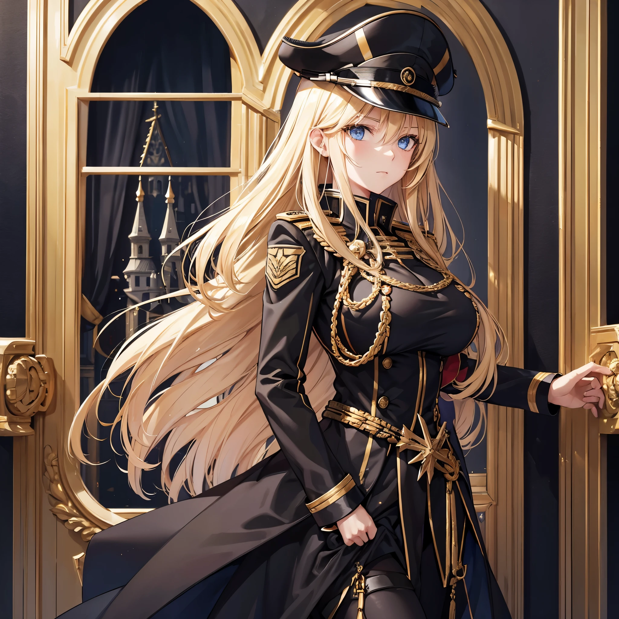 A woman with long blonde hair, blue eyes, wearing a black Prussian uniform with gold details, wearing a black military hat with gold details, a black cape, big breast, outside a large castle.
