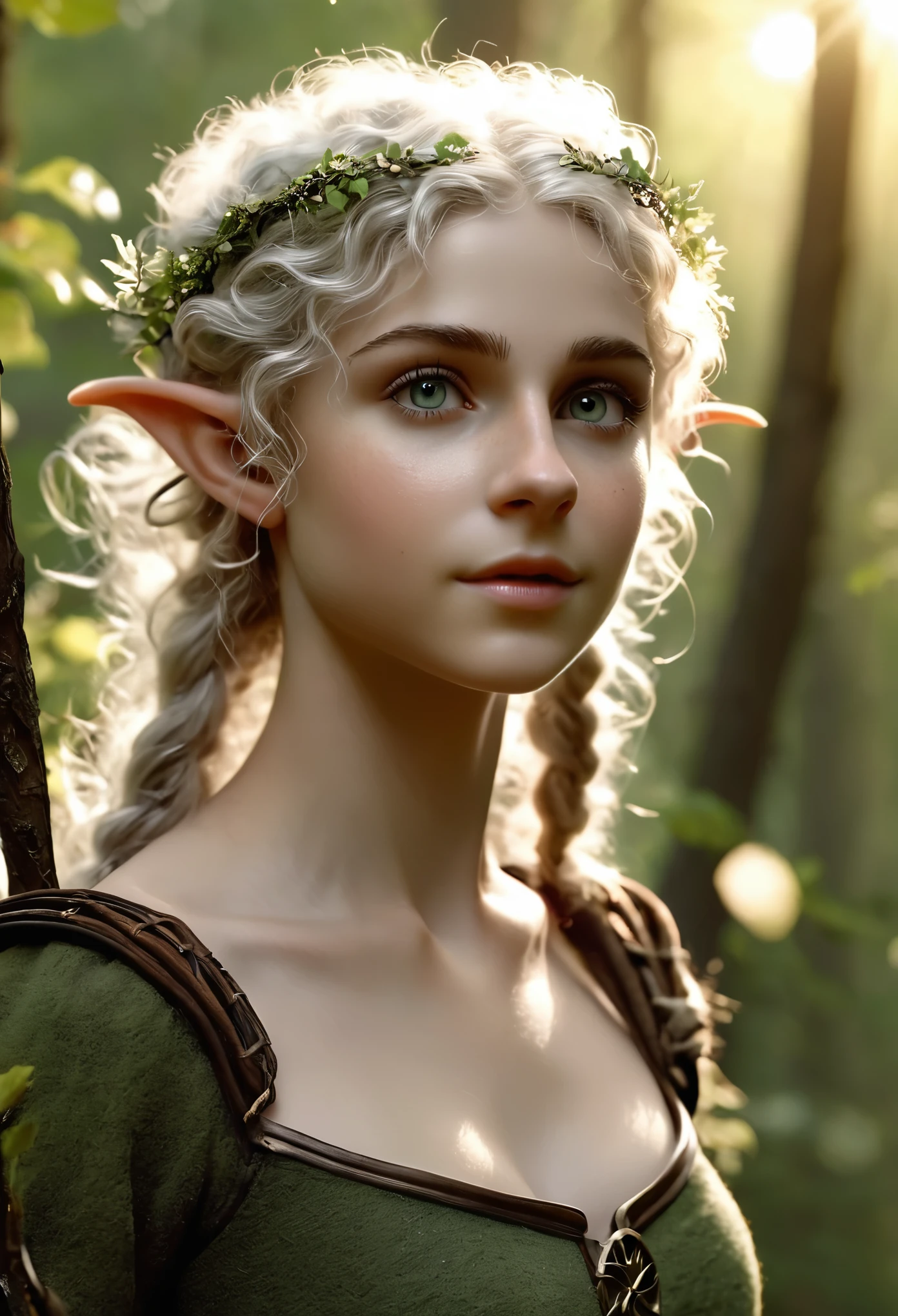 (Realistic:1.4), 18 years old elf archer in the forest, pale curly disheveled hair, delicate features of a thin face, cute sexy, perfect full body, Fantasy style, 8K, proffesional photography, Hi-Def, lifelike skin, Without cosmetics, background of the Middle Ages, The sun shines its rays through the treetops, bokeh