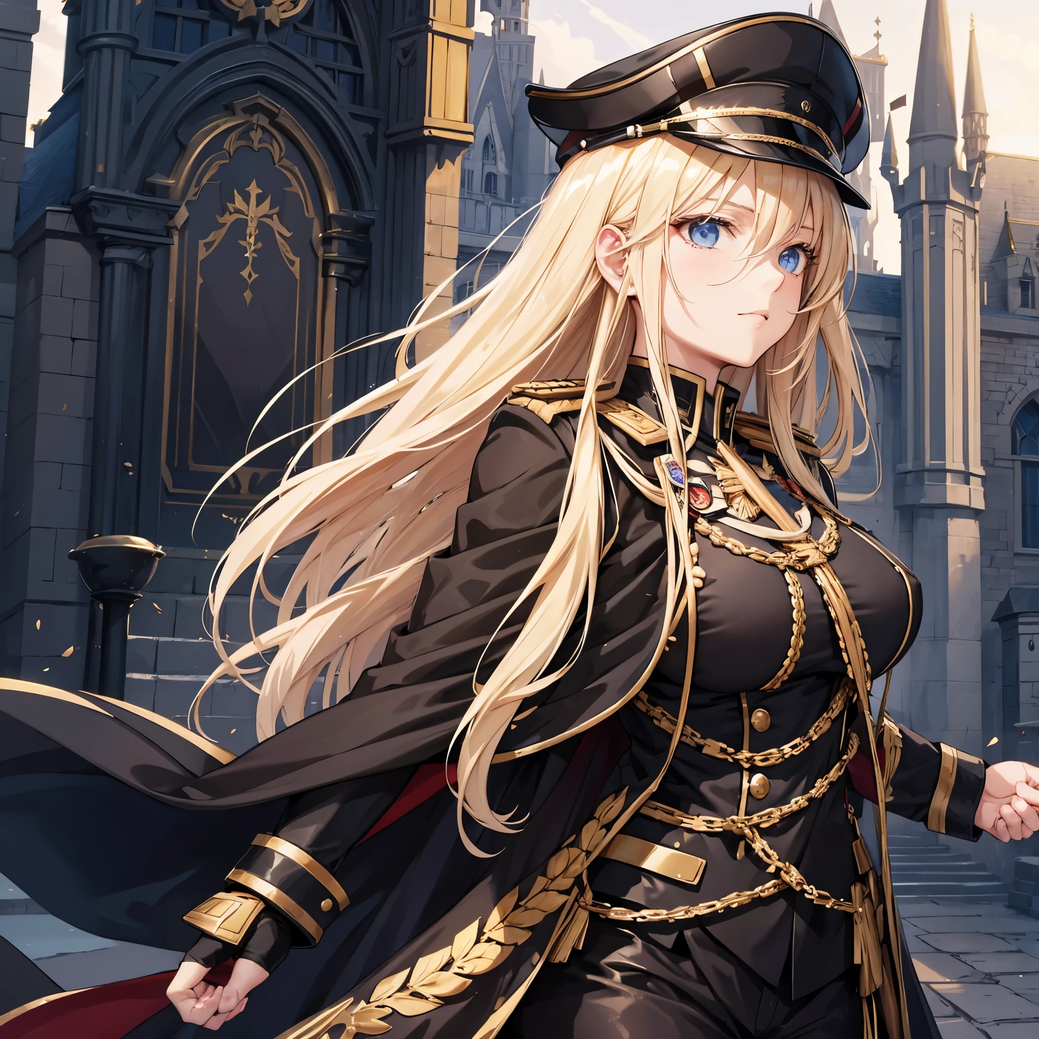 A woman with long blonde hair, blue eyes, wearing a black Prussian uniform with gold details, wearing a black military hat with gold details, a black cape, big breast, outside a large castle.
