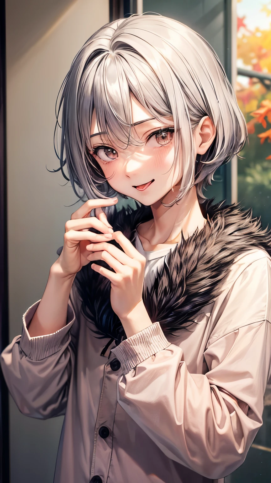 A 17 years old Japanese innocent boy (( boy’s body, slender)),((put his hands on his mouth )), bluish gray extra very short hair(( voluminous  hair ))(( much shaggy forelock:1.3)),((taper cut )), long sleeves shirts ((pale autumn maple pattern )),beige cardigan ((pale pink color )) , sparkly orange big round droopy eyes, blush and passionate smile, fearless atmosphere, neatly posing,tongue out, best quality