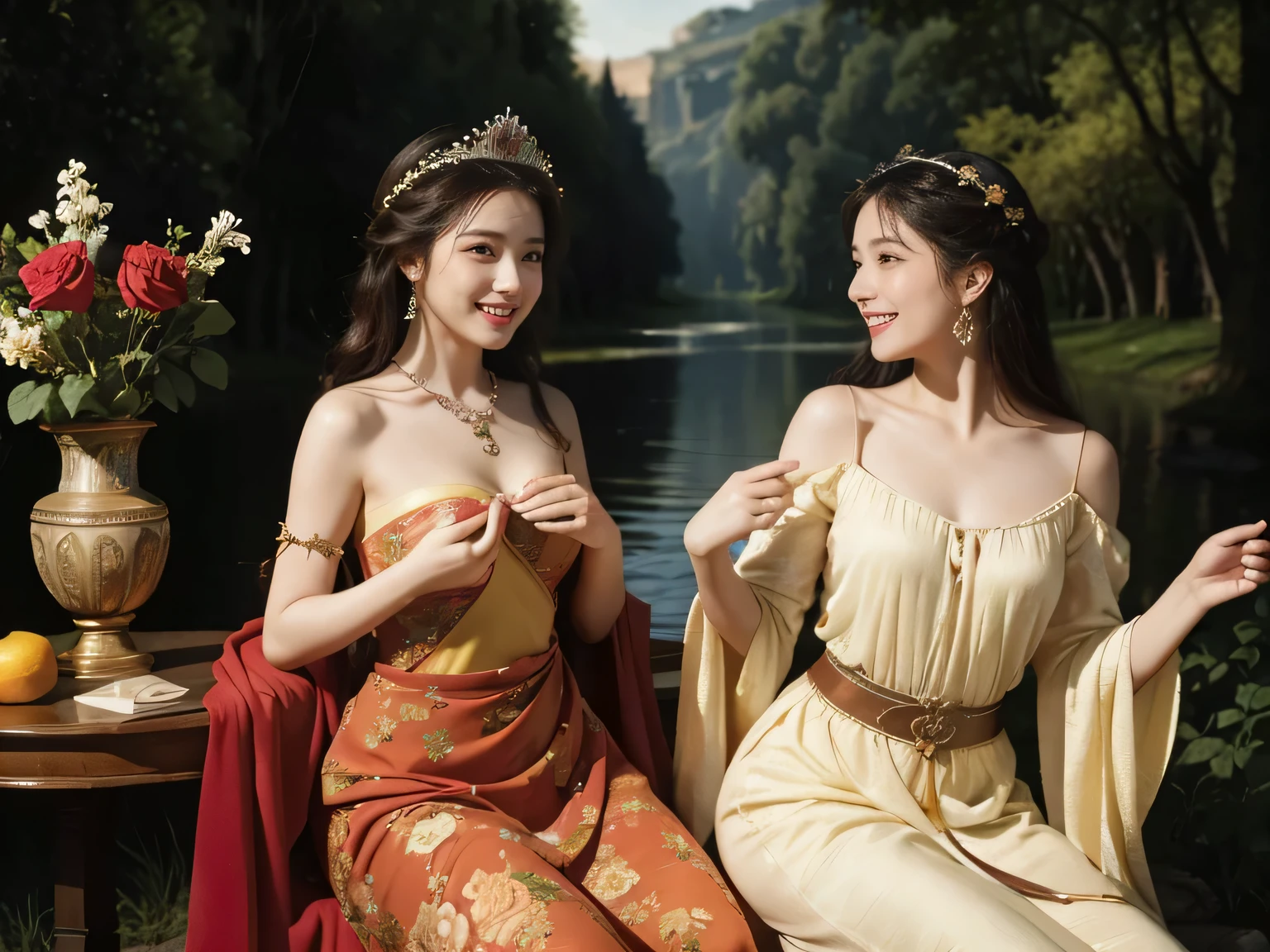 Giorgione painting style,Arguments of two female P、roses in vase、fruits、Cute trinkets、smile、ancient greek costume、Background is a forest lake at night ,A big smile、beautiful bare skin,Woman singing with sheet music