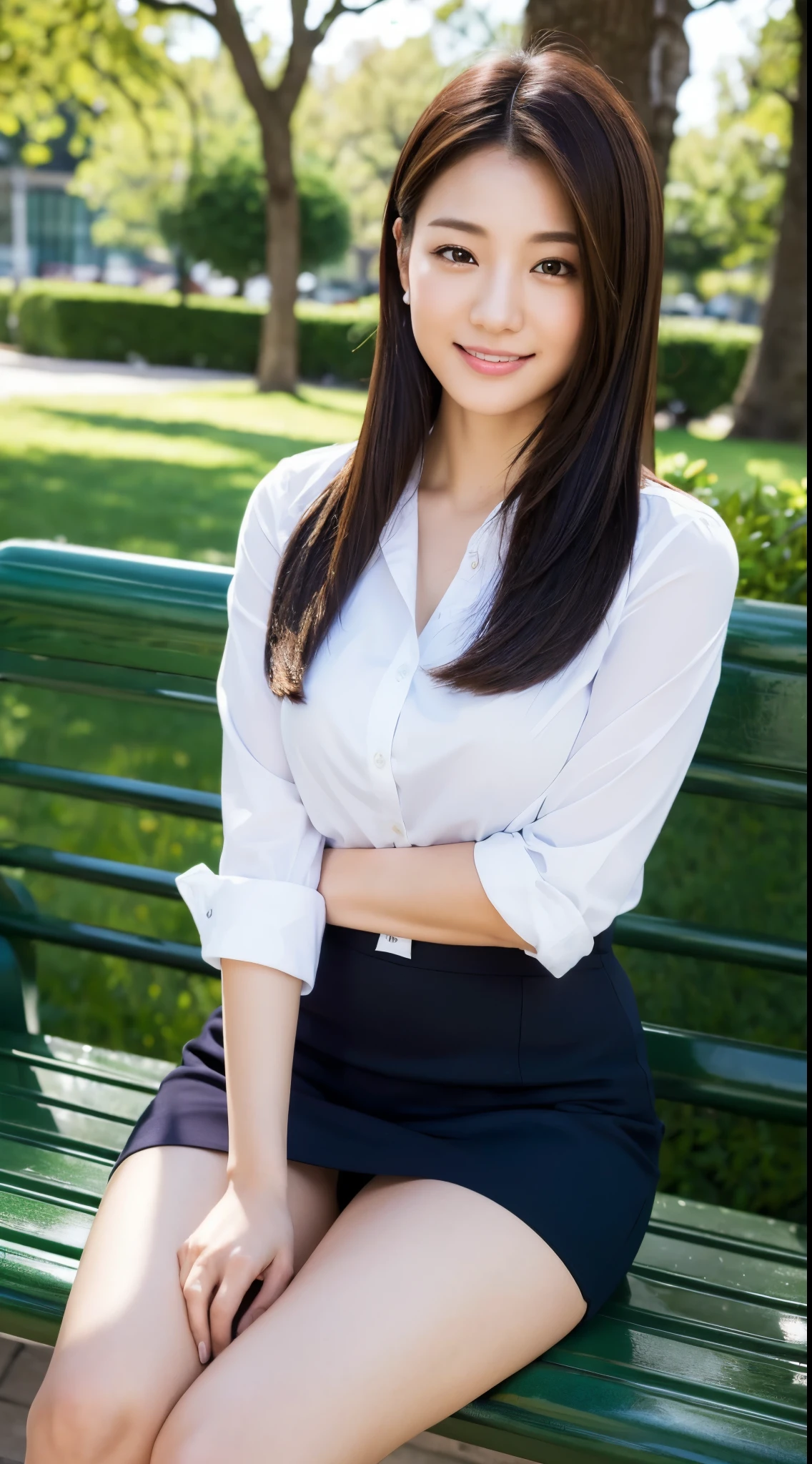 (Masterpiece:1.3), (8K, Photorealistic, RAW photo, Best Quality: 1.4), Japan, Beautiful Face, (Realistic Face), (Medium Hair:1.3), Beautiful Hairstyle, Realistic Eyes, Beautiful Eyes, (Realistic Skin), Beautiful Skin, Attractive, Ultra High Definition, Ultra Realistic, High Definition, Office Lady, Midnight Park, Sitting on a bench, Sit with crotch open, When you see the viewer,smile, White shirt, Panty shot,