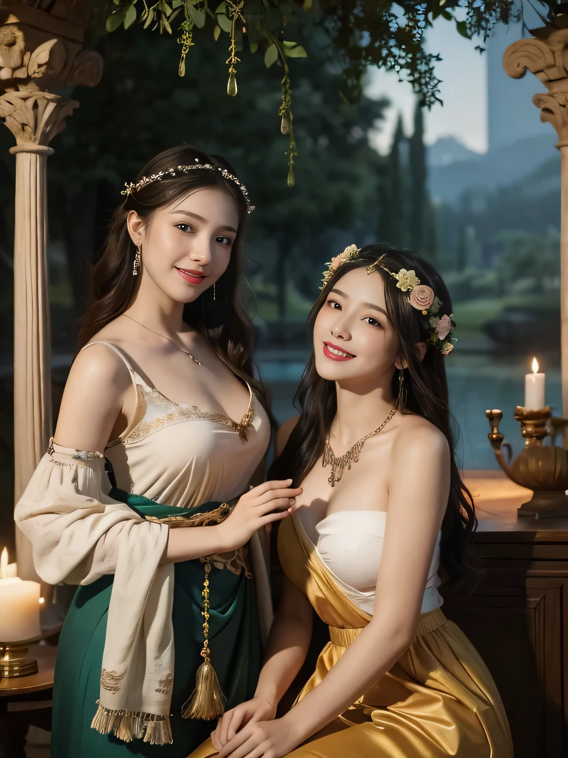 Giorgione painting style,Arguments of two female P、roses in vase、fruits、Cute trinkets、smile、ancient greek costume、Background is a forest lake at night ,A big smile、beautiful bare skin,Woman singing with sheet music