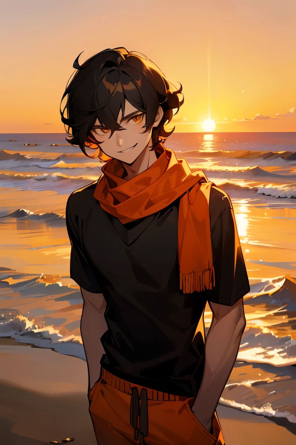 short wavy hair, black shirt,orange sweater, young male, golden eyes, sunset, black hair, smirk, sandy background, red scarf, caramel skin tone