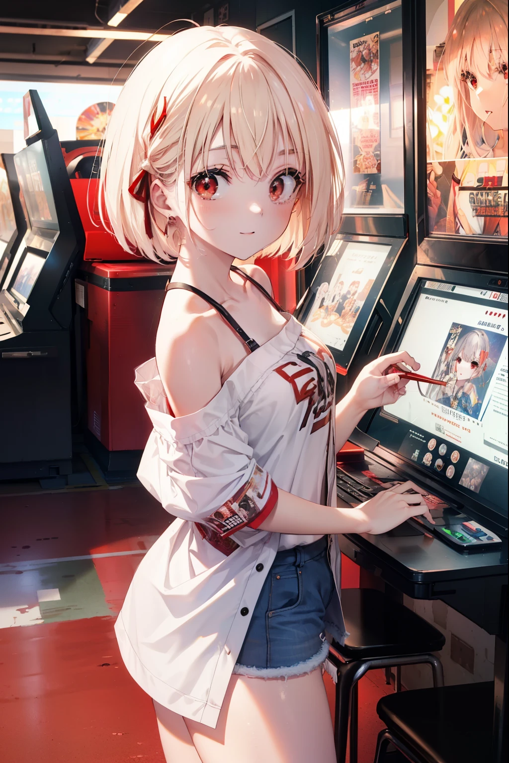 chisatonishikigi, nishikigi chisato, short hair, bangs, blonde hair, (red eyes:1.5), hair ribbon, one side up, long hair,hair tied back,,off shoulder dress,short denim pants,short boots,smile,sitting Chair, game_center, scenery, arcade cabinet, Chair, poster (object), indoor ,s4g4m1,
break outdoors, city,
break looking at viewer, (cowboy shot:1.5),
break (masterpiece:1.2), highest quality, High resolution, unity 8k wallpaper, (figure:0.8), (detailed and beautiful eyes:1.6), highly detailed face, perfect lighting, Very detailed CG, (perfect hands, perfect anatomy),