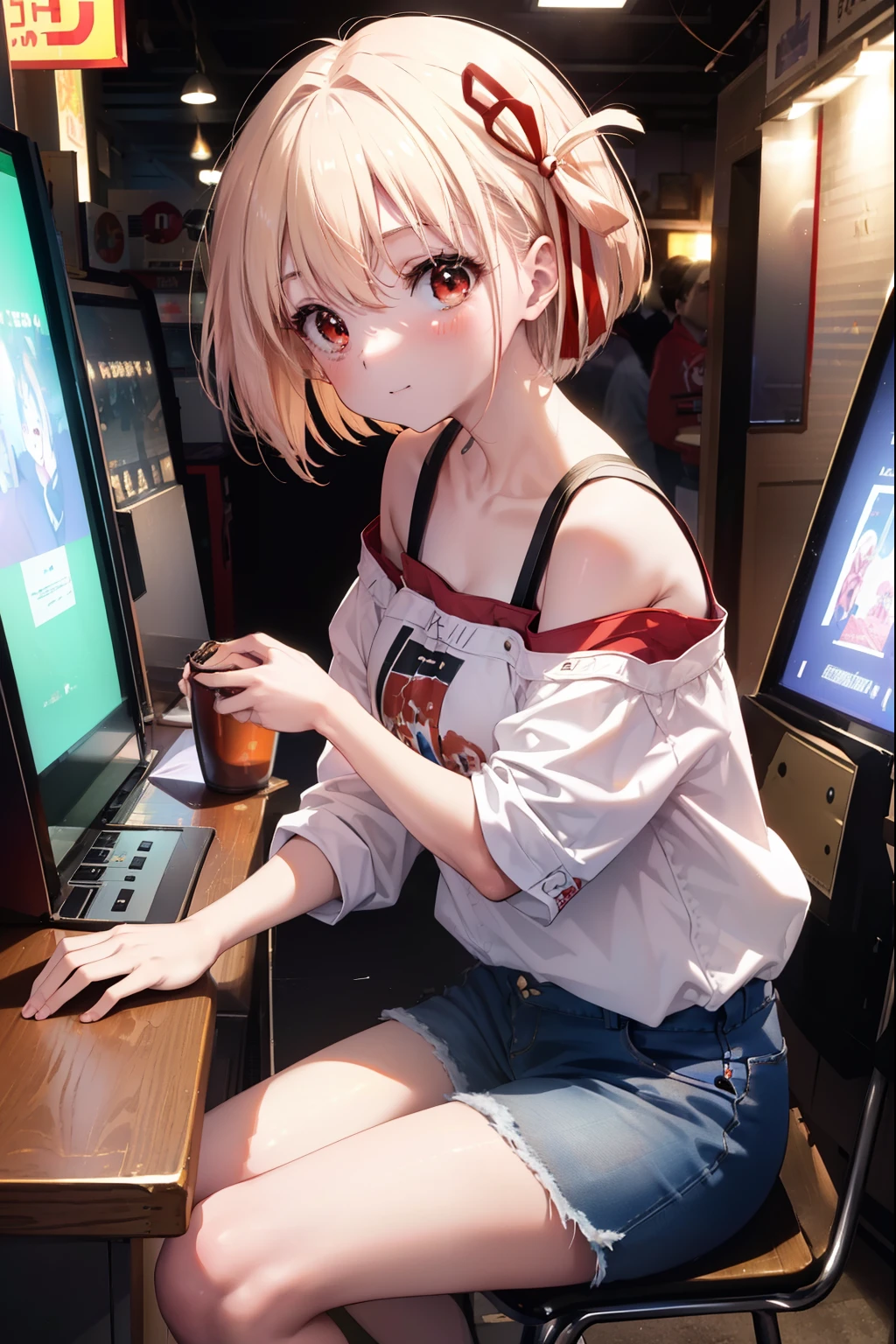 chisatonishikigi, nishikigi chisato, short hair, bangs, blonde hair, (red eyes:1.5), hair ribbon, one side up, long hair,hair tied back,,off shoulder dress,short denim pants,short boots,smile,sitting Chair, game_center, scenery, arcade cabinet, Chair, poster (object), indoor ,s4g4m1,
break outdoors, city,
break looking at viewer, (cowboy shot:1.5),
break (masterpiece:1.2), highest quality, High resolution, unity 8k wallpaper, (figure:0.8), (detailed and beautiful eyes:1.6), highly detailed face, perfect lighting, Very detailed CG, (perfect hands, perfect anatomy),