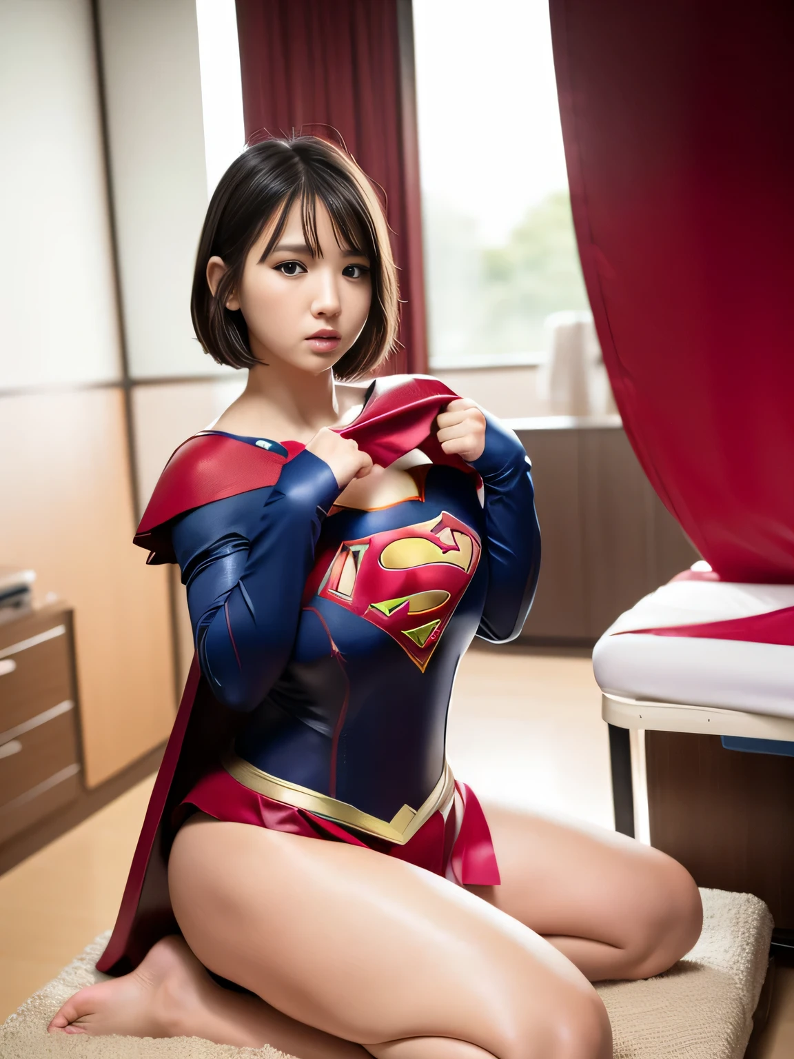 masterpiece、supergirl costume、short hair、barefoot、big and full breasts、operating room、operating table、straddle、damaged、shiny、looking at camera、Seduce、Estrus、Cowgirl、Hedonism、long sleeve、red sexy pose、