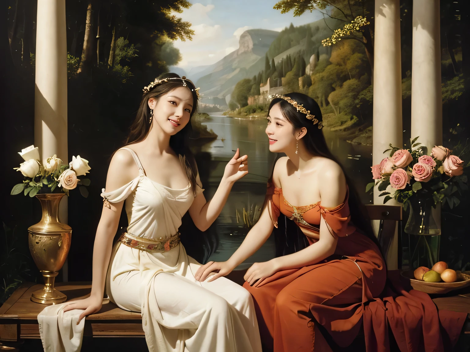 Giorgione painting style,Arguments of two female P、roses in vase、fruits、Cute trinkets、smile、ancient greek costume、Background is a forest lake at night ,A big smile、beautiful bare skin,Woman singing with sheet music