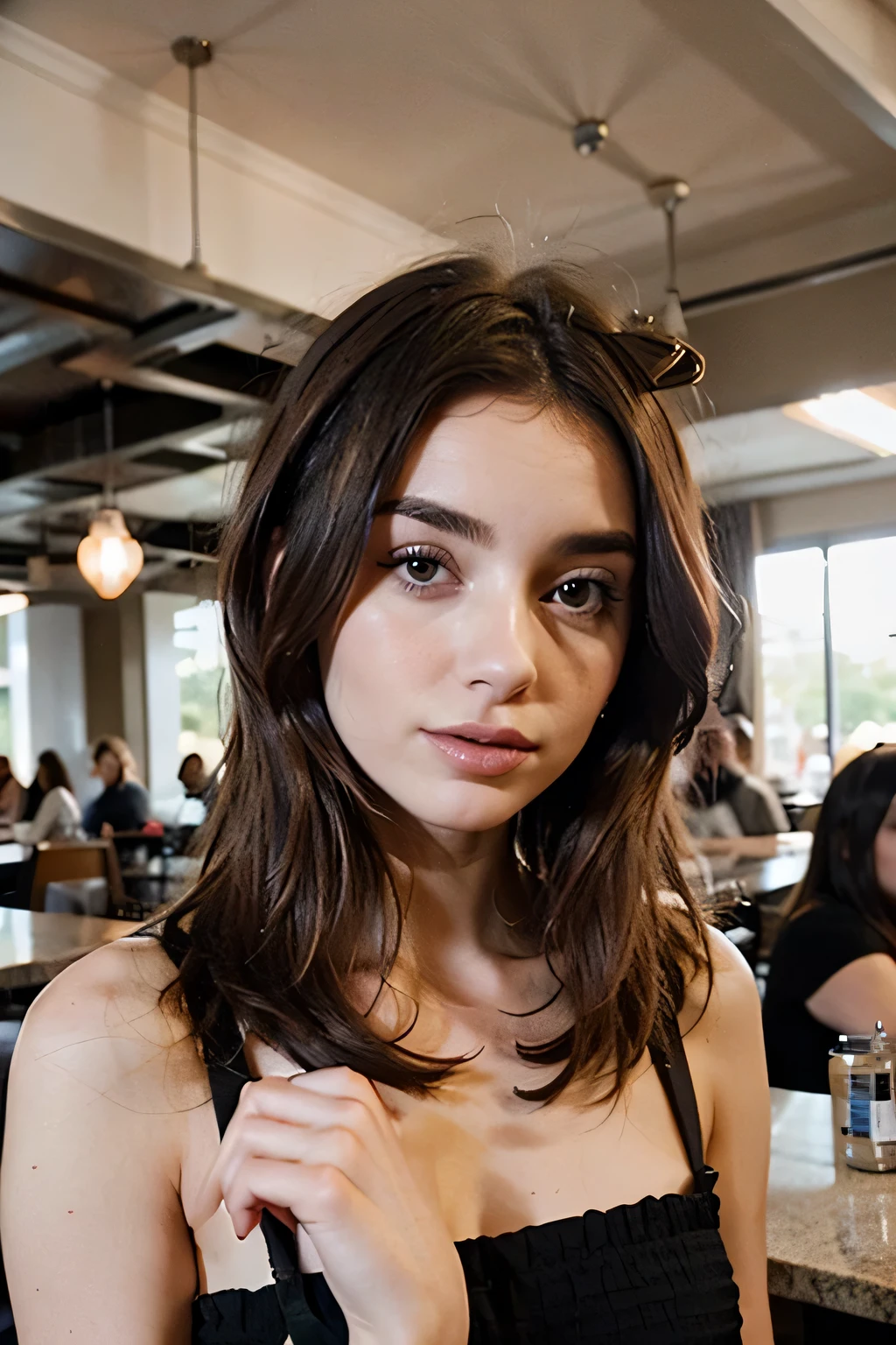 Captura la esencia de una escena cautivadora en una cafeteria: where a beautiful 20-year-old girl is undergoing renovations in Mexico City , of small stature, con el cabello corto adornado con puntas rosadas. evoking the aesthetics of celebrities such as Lily Collins and Ana de Armas, conocidas por sus distintivos peinados rosados. Su cabello, a fusion of bright and pastel tones, cae alrededor de ella, creating an ethereal aura that enhances your beauty. en una cafeteria
