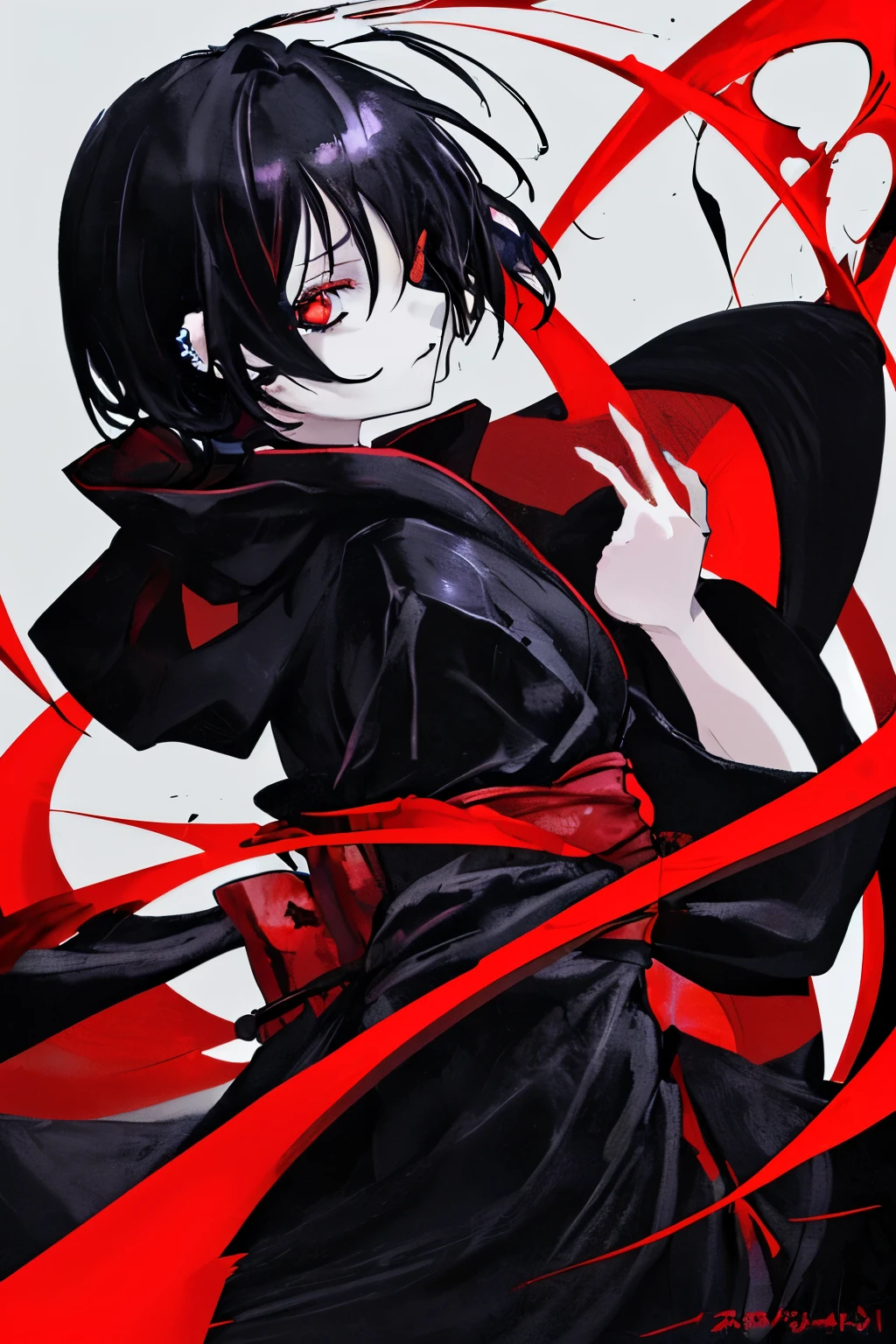 anime colored staly, anime, young, eight years old, short hair, black hair, red eyes, piercing gaze, black kimono, ninja outfit, basic outfit, black outfit, profile, side lighting,