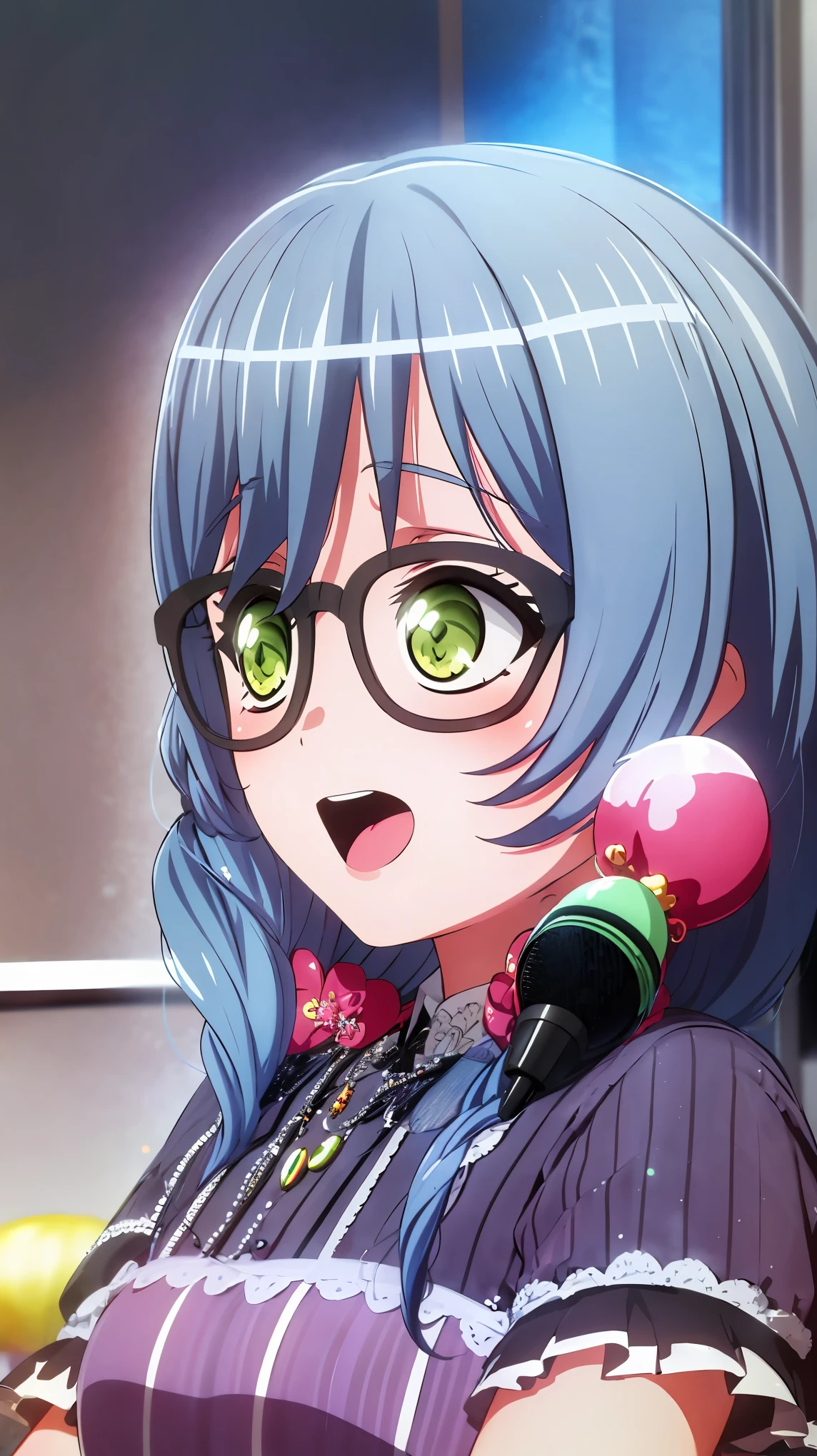 ((masterpiece, best quality, high quality)) , Asahi Rokka, dress, detailed face, detailed eyes, 1girl, solo, (asahi rokka, blue hair, green eyes), glasses, hair ornament, tied hair, sing, use microphone, love live stage