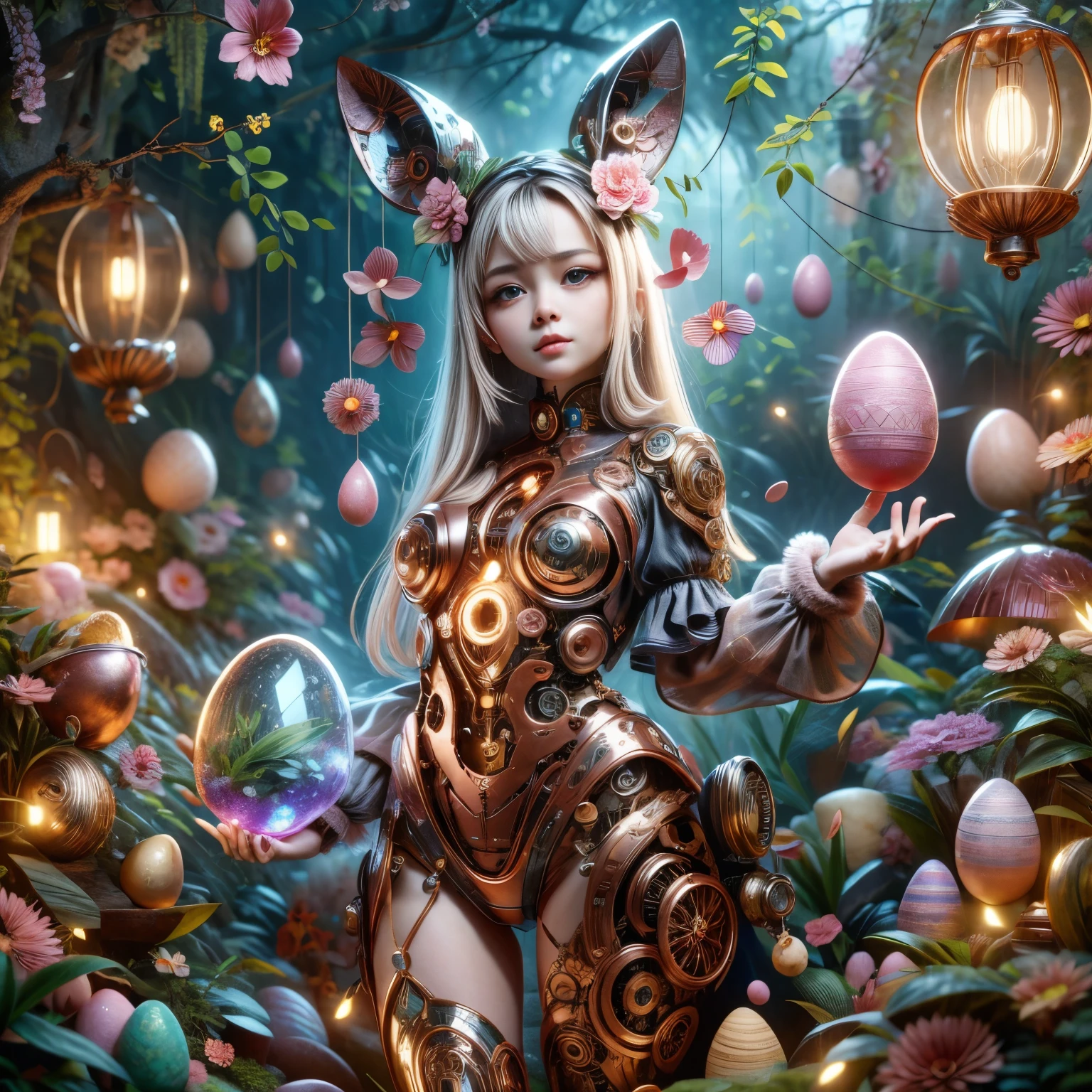 1 cute girl，Its body is made of fine metal parts。Eyes are like two shining gems，Transparent glow，Under the illumination of neon lights，Create a sparkling effect together with high-precision mechanical components。Surrounded by exotic plants and Easter eggs，Create a mysterious and fantasy atmosphere。The scene combines traditional themes with futuristic steampunk style，Showcasing Girl&#39;s complex mechanical design and magical garden environment。