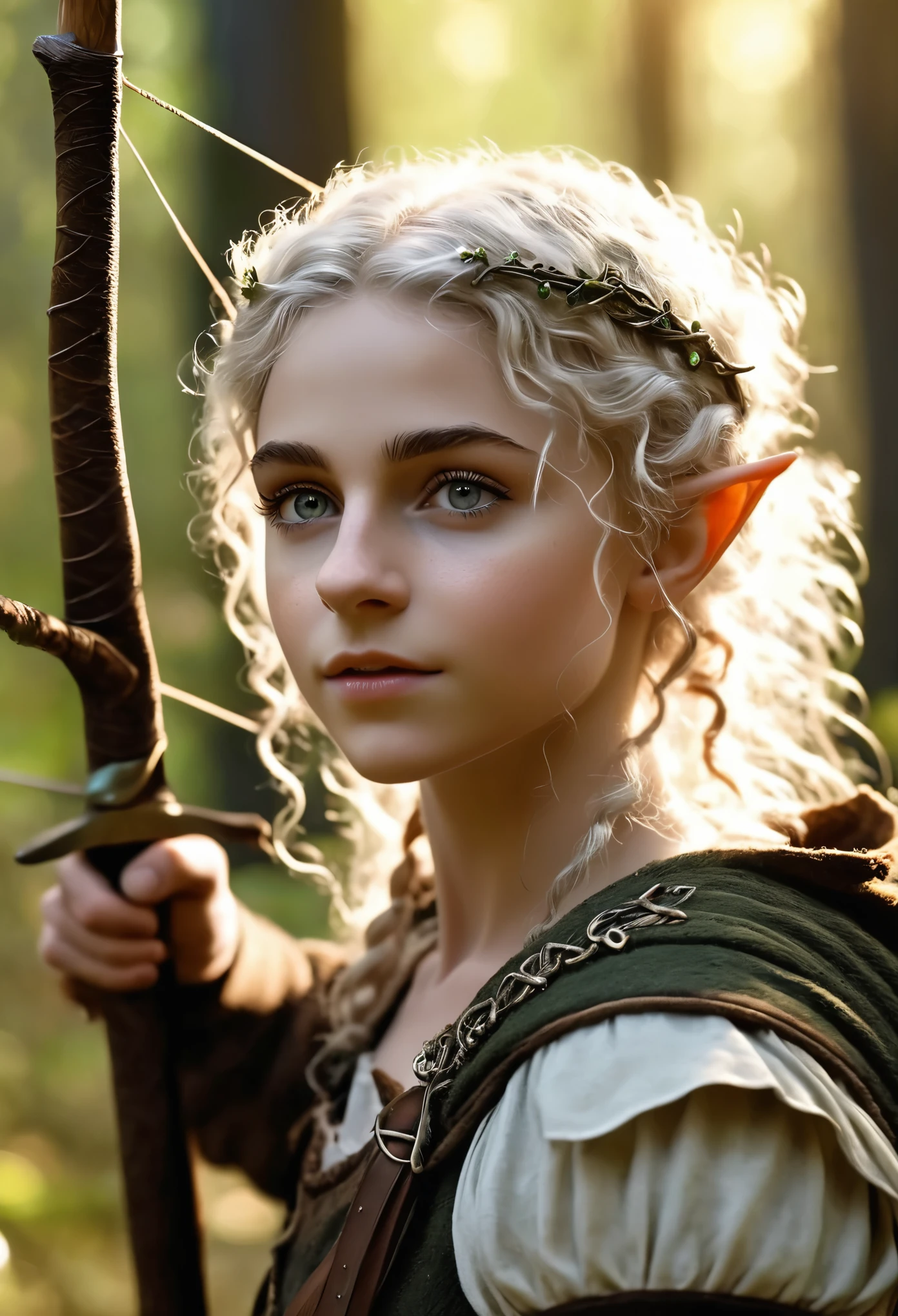 (Realistic:1.4), 18 years old elf archer in the forest, pale curly disheveled hair, delicate features of a thin face, cute sexy, perfect full body, Fantasy style, 8K, proffesional photography, Hi-Def, lifelike skin, Without cosmetics, background of the Middle Ages, The sun shines its rays through the treetops, bokeh