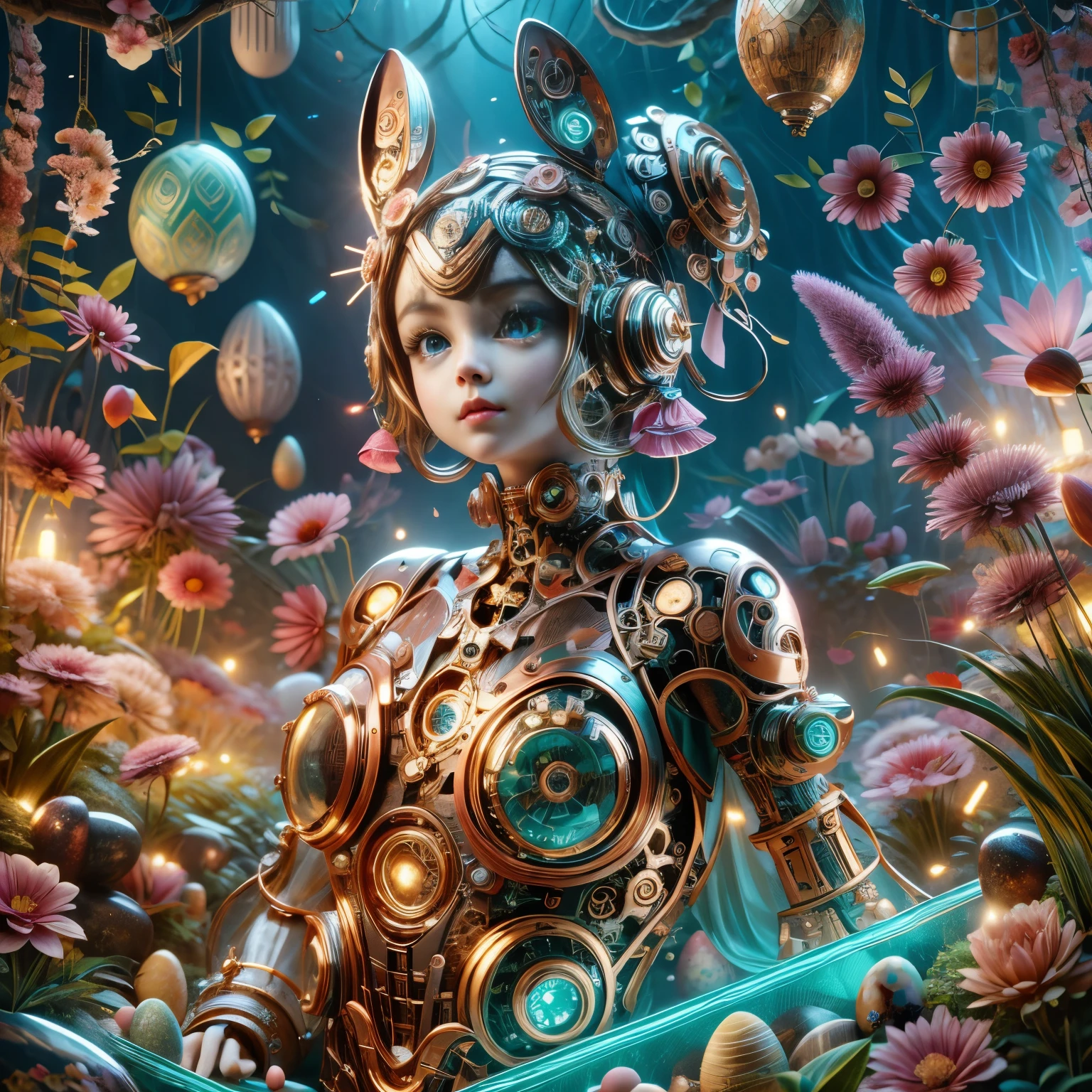 1 cute girl，Its body is made of fine metal parts。Eyes are like two shining gems，Transparent glow，Under the illumination of neon lights，Create a sparkling effect together with high-precision mechanical components。Surrounded by exotic plants and Easter eggs，Create a mysterious and fantasy atmosphere。The scene combines traditional themes with futuristic steampunk style，Showcasing Girl&#39;s complex mechanical design and magical garden environment。