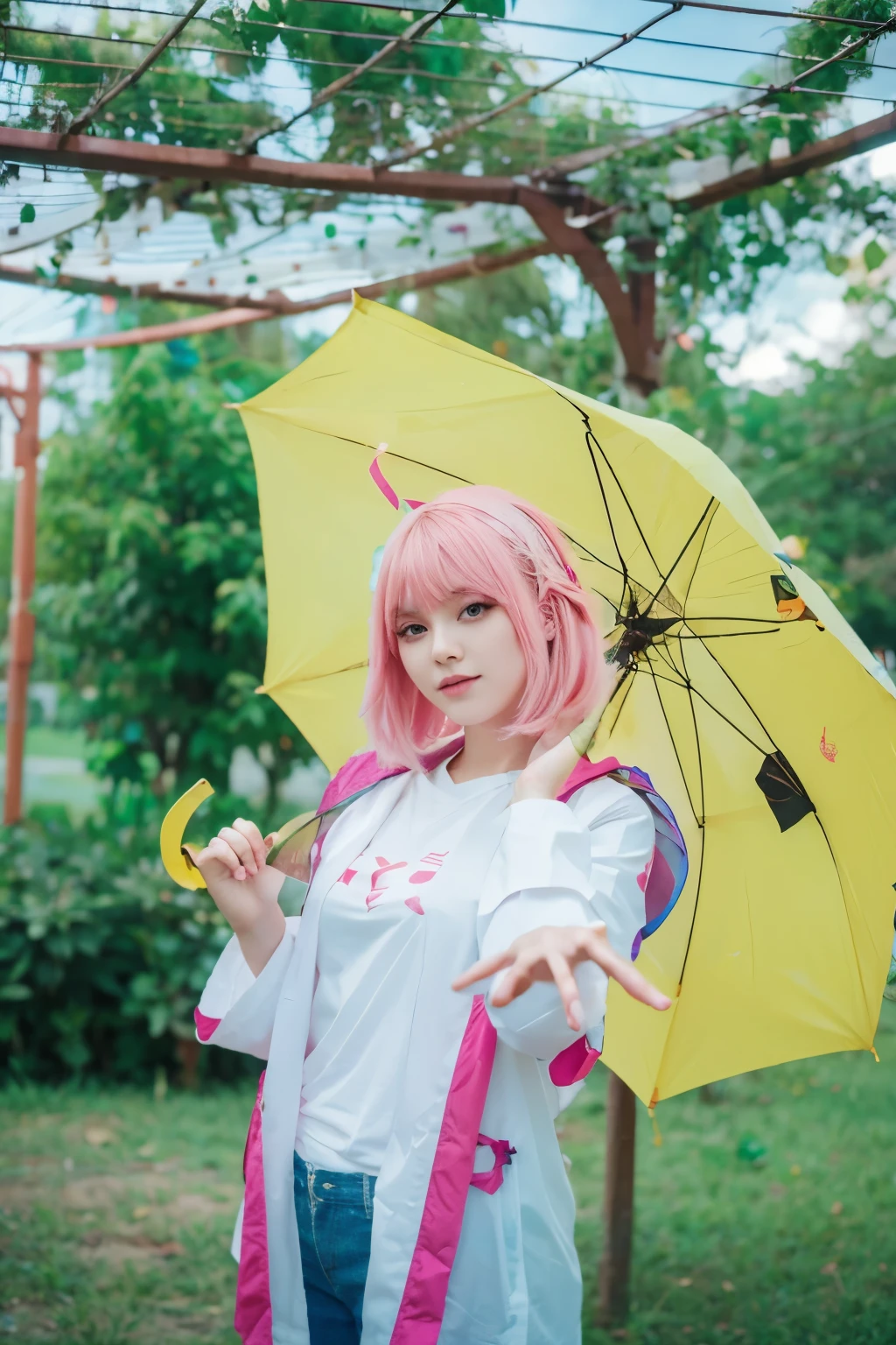 Kagura, mobile legend, yellow umbrela, pink hair, on a city, white shirt, opened hand, hight quality
