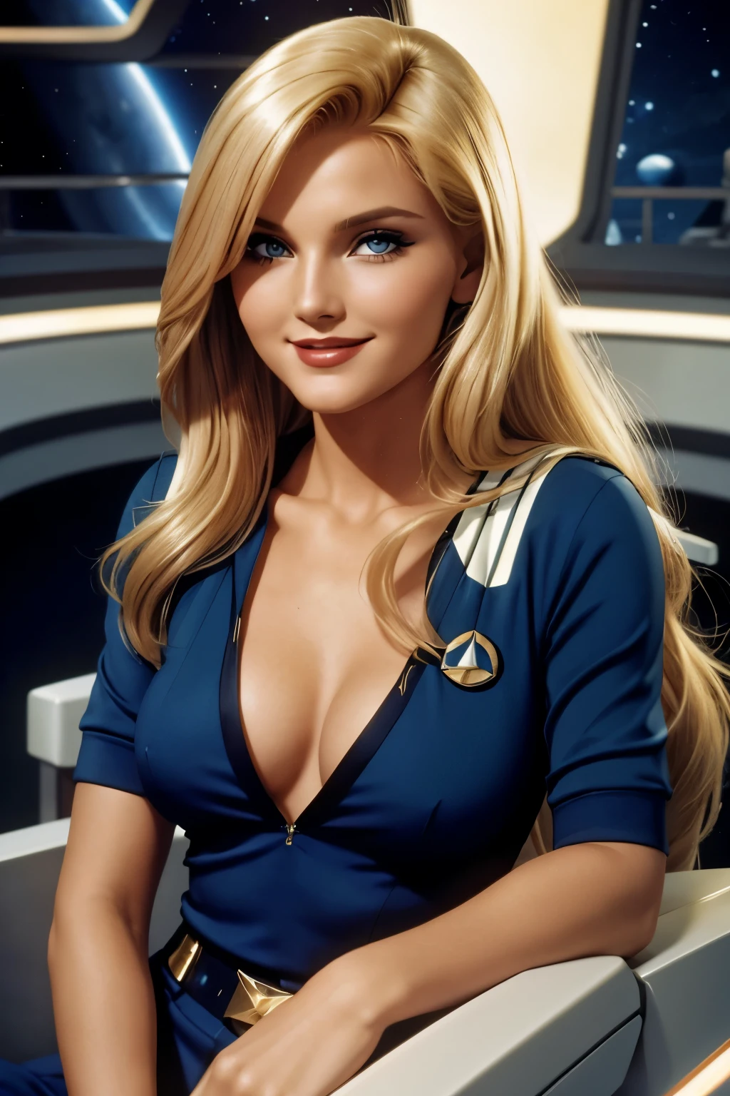 a 20 year old sexy space babe, beautiful denise crosby with long luscious blonde hair, eyeliner, lipstick, eyeshadow, flirty smile, cute glint in her eye, youthful enthusiasm, on the bridge of the enterprise, wearing a tng uniform, refined face detail,