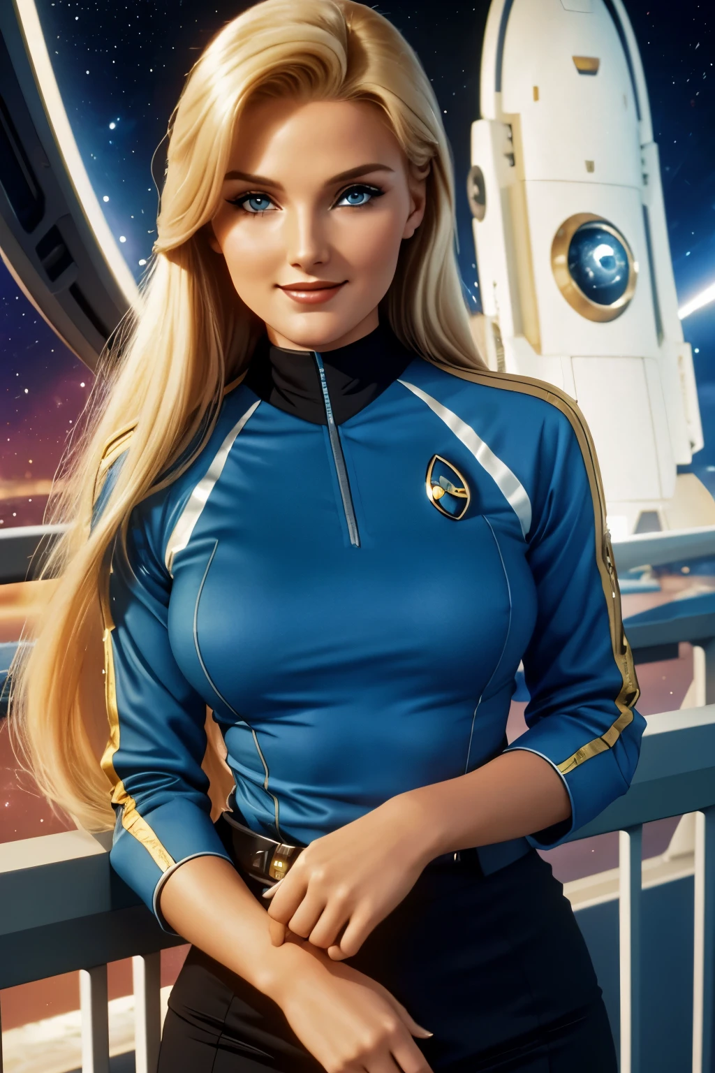 a 20 year old sexy space babe, beautiful denise crosby with long luscious blonde hair, eyeliner, lipstick, eyeshadow, flirty smile, cute glint in her eye, youthful enthusiasm, on the bridge of the enterprise, wearing a tng uniform, refined face detail,