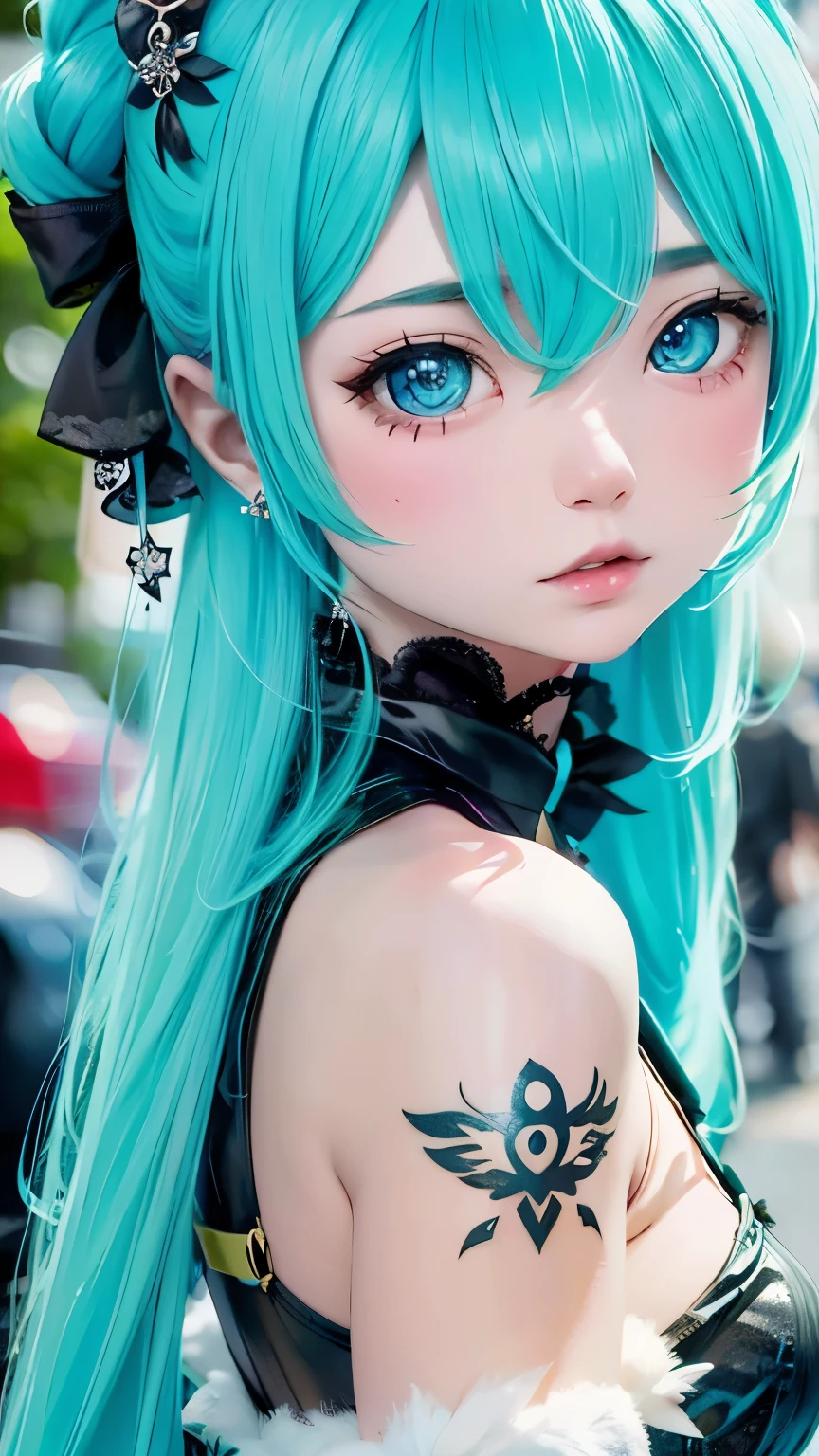 hair ornaments、earrings、tattoo、goth_punk, 1 girl, alone,、highest quality, realistic, Super delicate illustration, beautiful and attractive anime girl, miku hatsune, slender body, tied hair, one girl, girl pictures, full body shot, beautiful blue eyes, looked back,ear nipple rings、hair ornaments、gem、miku hatsune、