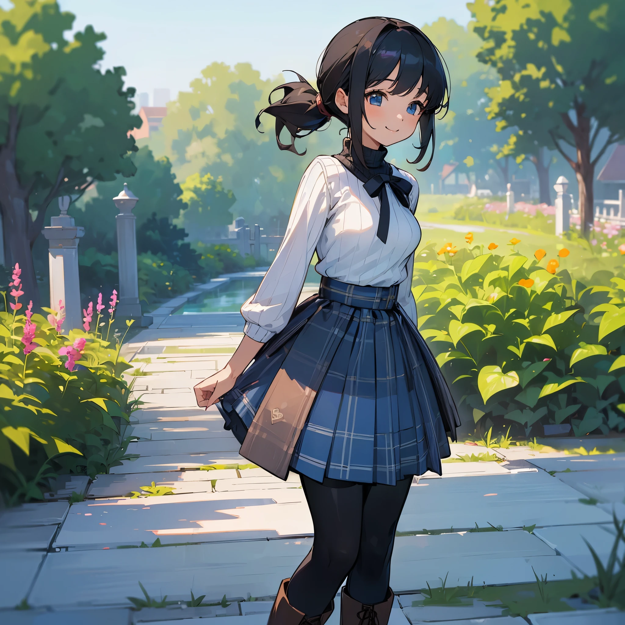 (high quality, High resolution, Super detailed, reality:1.37), peaceful atmosphere, (outdoors, garden), teenage girl standing alone, (my breasts are big.), Beautiful detail features, cute smile, (black hair ponytail), ribbed sweater, blue plaid skirt, black tights, brown boots.