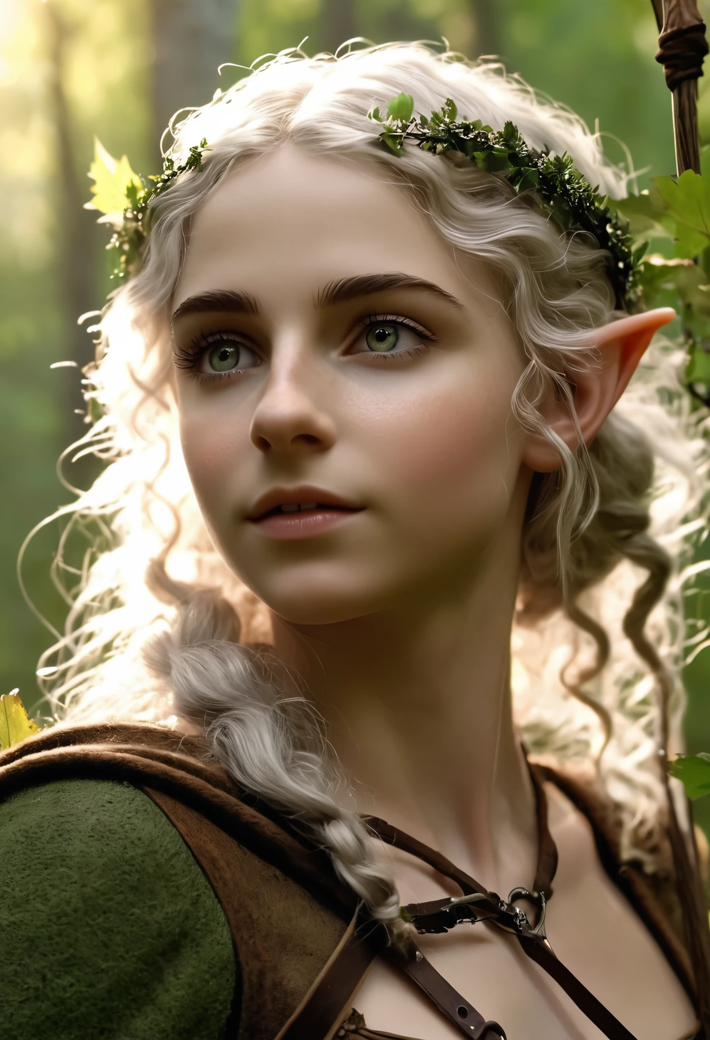 (Realistic:1.4), 18 years old elf archer in the forest, pale curly disheveled hair, delicate features of a thin face, cute sexy, perfect full body, Fantasy style,  8K, proffesional photography, Hi-Def, lifelike skin, Without cosmetics, background of the Middle Ages, The sun shines its rays through the treetops, bokeh