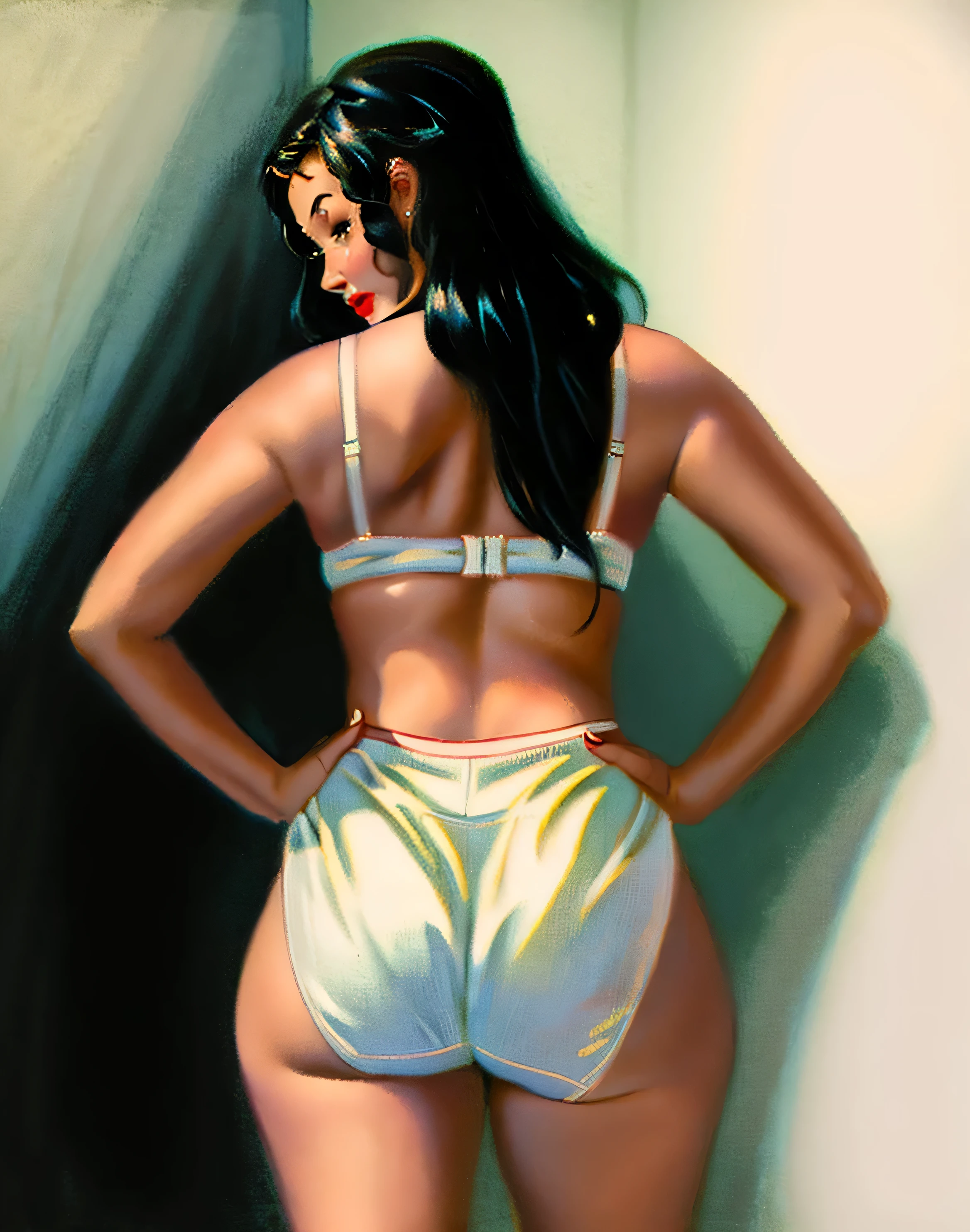 ((((masterpiece, best quality)))), ((33 year old)), (((Curvy))), ((Latina with long black hair)), in ((white bra)), ((white fullback panties)), ((Red lipstick)), ((Standing in a bathroom)), (back facing the camera), ((((realistic art style, 50's pinup art))))