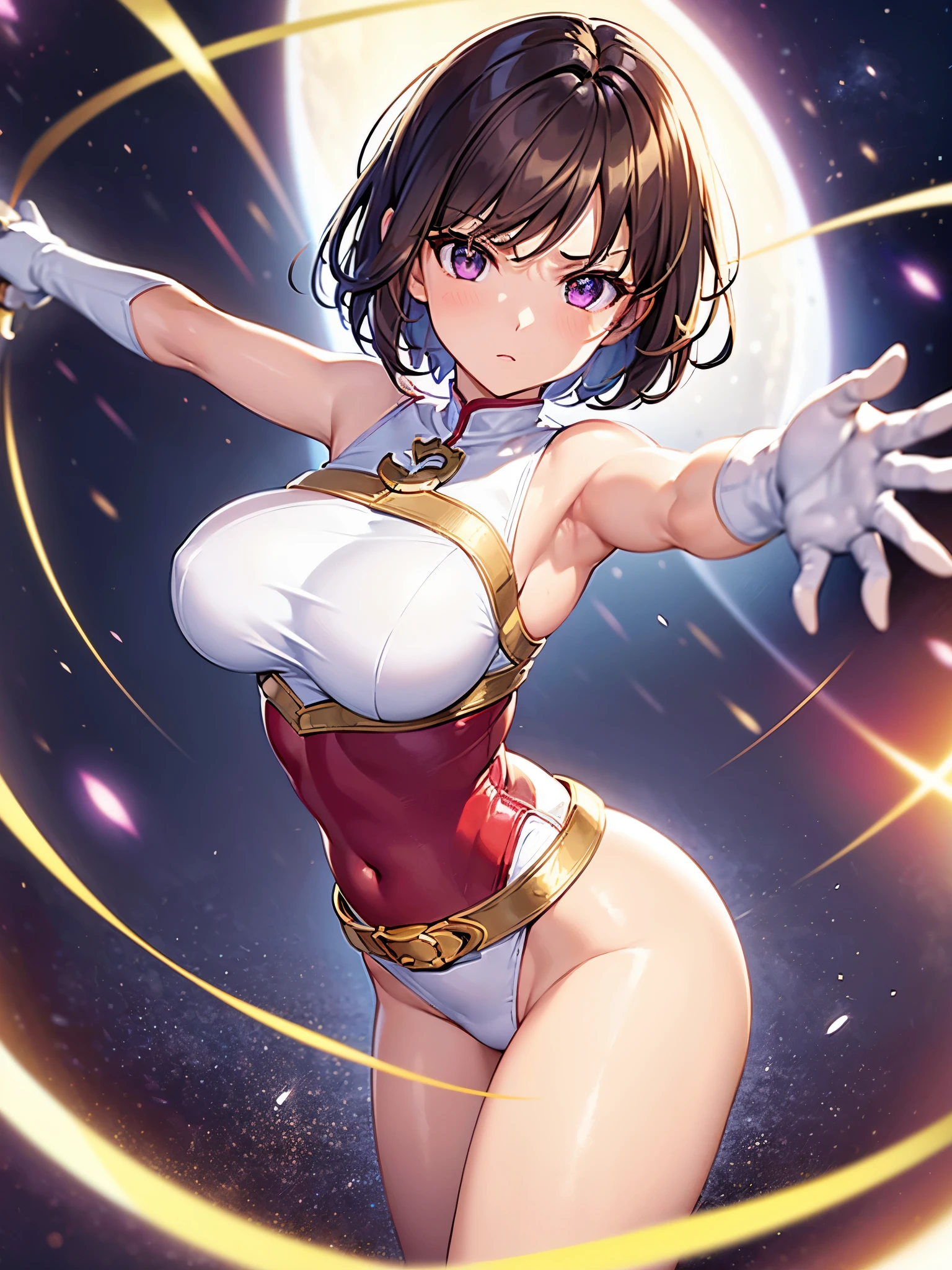 1girl, medium breasts, leotard, white and red leotard, bare legs, tight belt, gold belt, boots, matching boots, ankle boots, white boots, gloves, white glove, city backdrop, tokyo city backdrop, solo, single, hands on hip, standing, full body shot, cowboy shot, superhero, beautiful detailed eyes, mature lady, gold star symbol on chest, brown hair, short hair, Bob hair, purple eyes, sleeveless, perfect anatomy, masterpiece spread arms, spinning, spins fast in place like a tornado, twirling in place, tornado spinning, rapid gyration, space backdrop, motion blur, speed lines, tornado, time warp