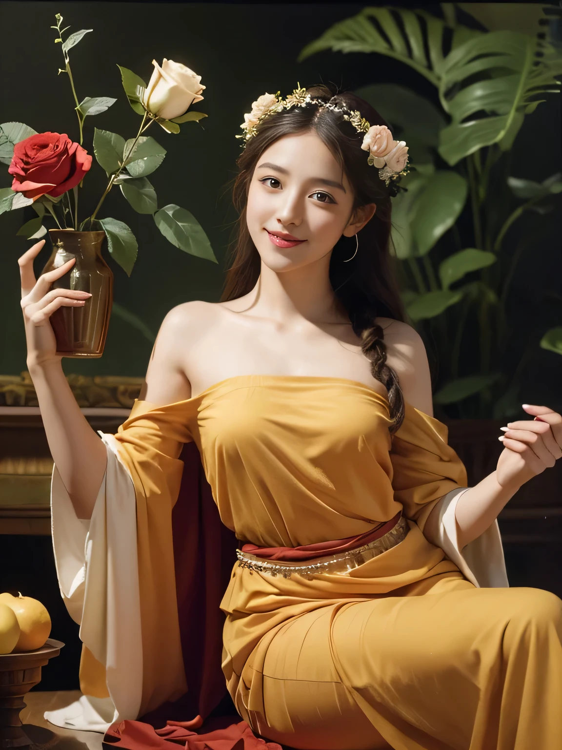 Giorgione painting style,roses in vase、fruits、Cute trinkets、smile、ancient greek costume,beautiful bare skin,Woman singing with sheet music
