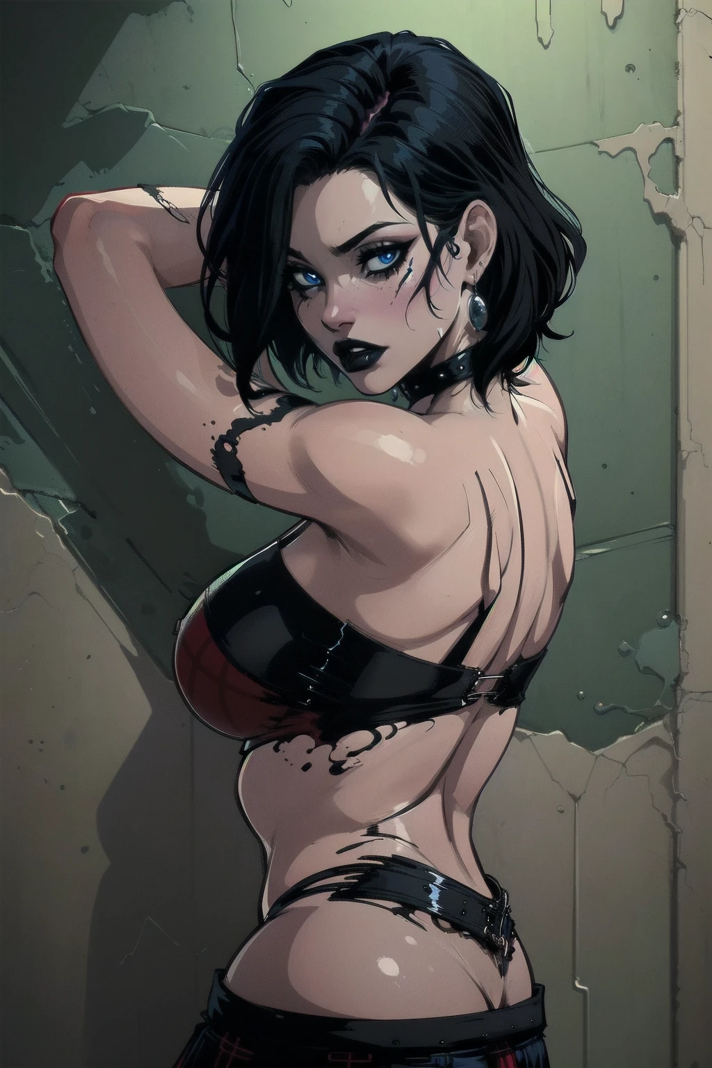 a woman with short black hair, hair on shoulders,  wearing a black cropped  and plaid skirt, blue eyes, zombie art, gothic art, cute aesthetic with vibe, toon aesthetic, wearing red costume, wearing gothic accessories, look like Cassie Hack, upper body, zombie background, backwards, looking back