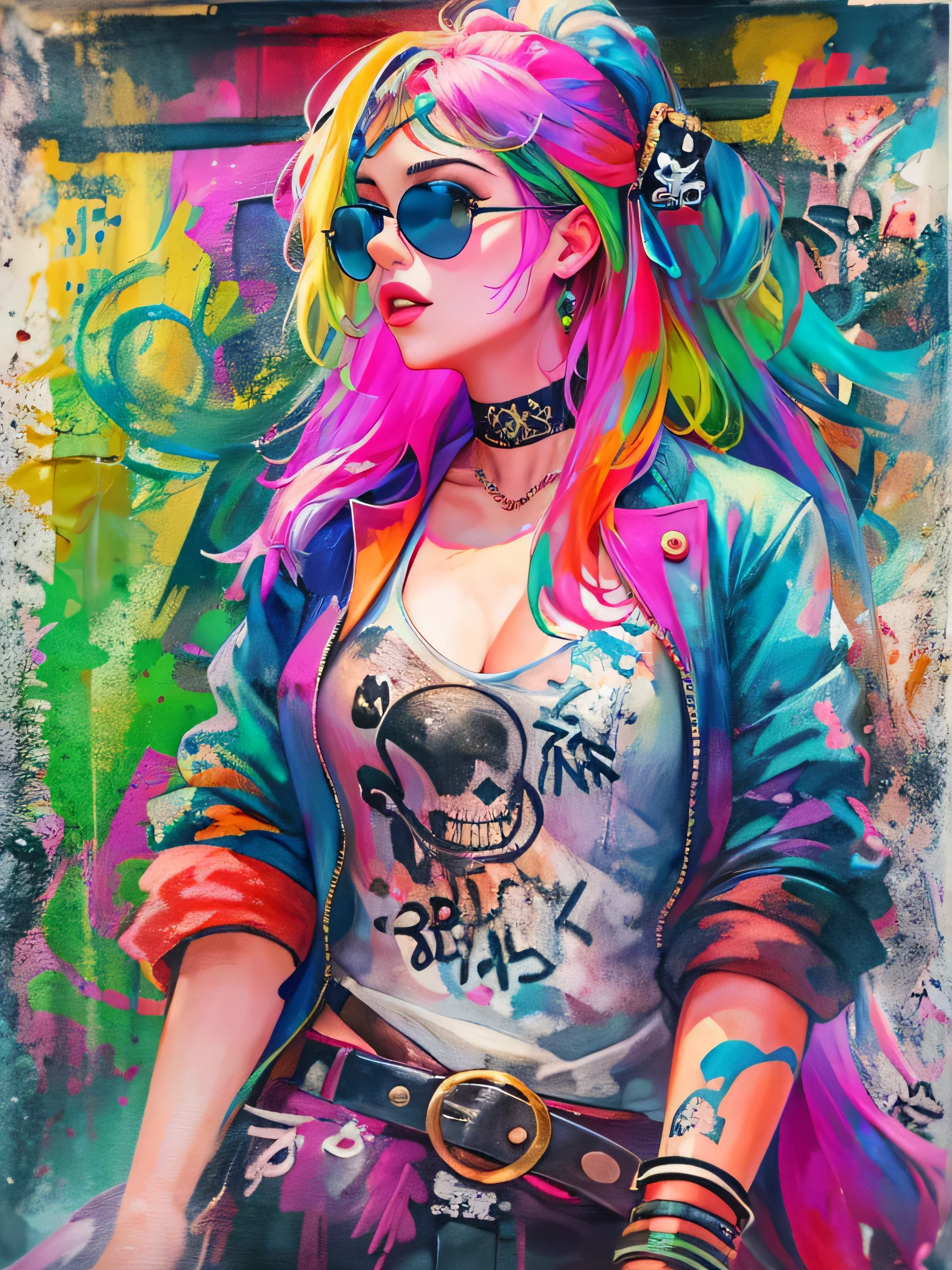 watercolor painting, 8K resolution、((highest quality))、((masterpiece))、((Super detailed))、(((most fashionable design)))、1 female、alone、incredibly absurd、 (((The most beautiful pirate girl of all time))), (((Stylish sunglasses))), lips in love, pirate bandana,neon、small breasts,、(((graffiti art))), colorful hair, provocative