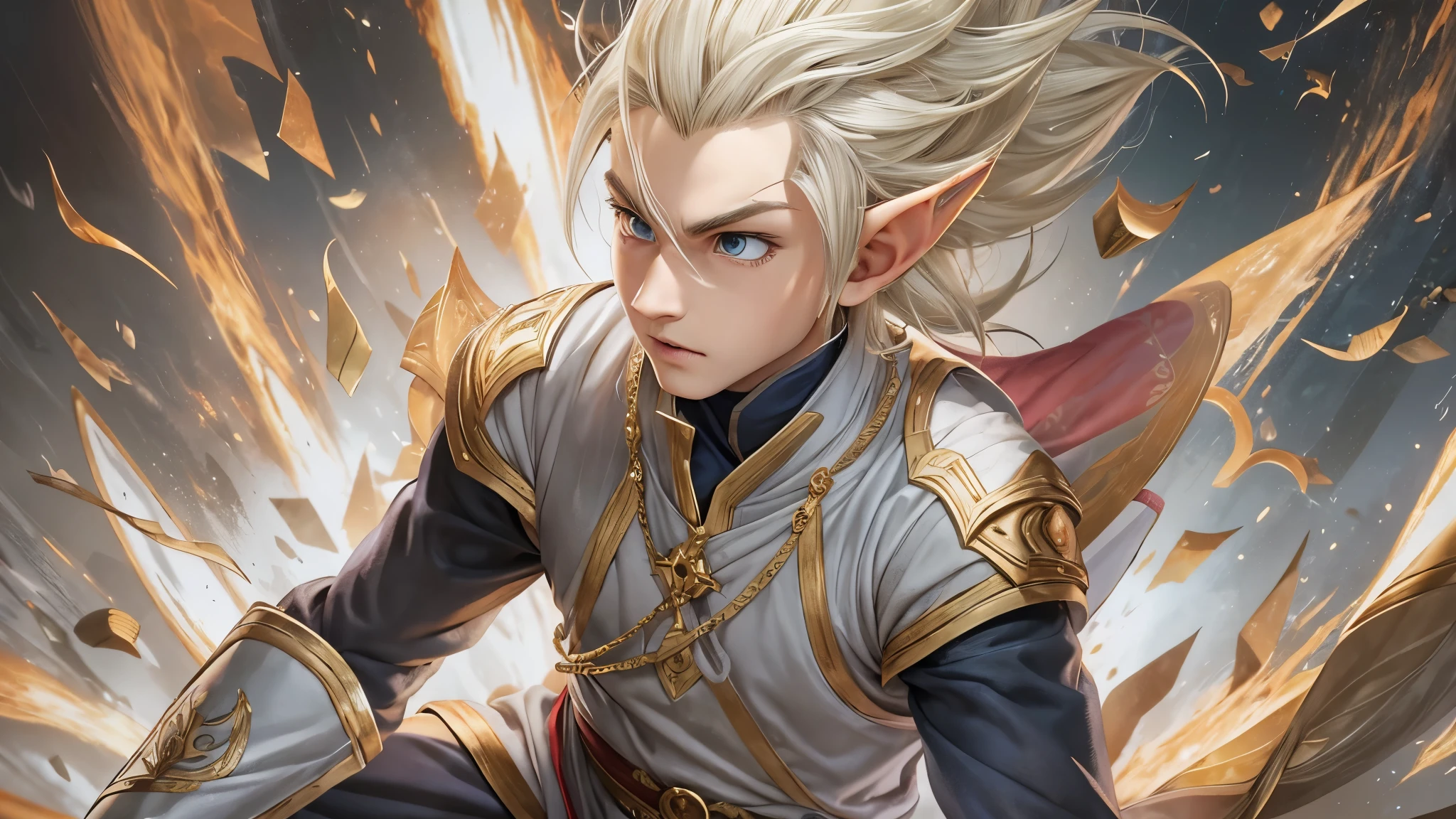 (master piece), 8k, best quality, book illustration, panoramic view, elf boy, childlike appearance, naive, male, teenager, , white skin, thin body, pointed elf ears, beautiful finely detailed eyes of silver color, high forehead, spiky yellow blonde hair like Gohan from the anime dragon ball (super sayajin), round face, highly detailed, sharp focus, conservative elven clothing, conservative posture, protecting himself, from the explosion